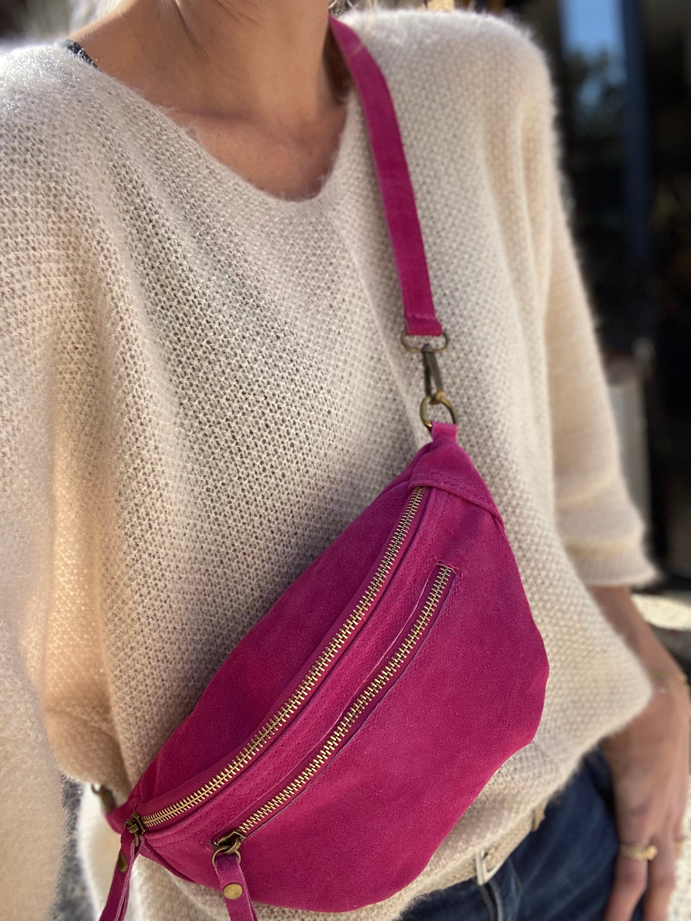 Sac banane double poche en cuir daim - OPALINE - Rose fuschia (14 coloris)