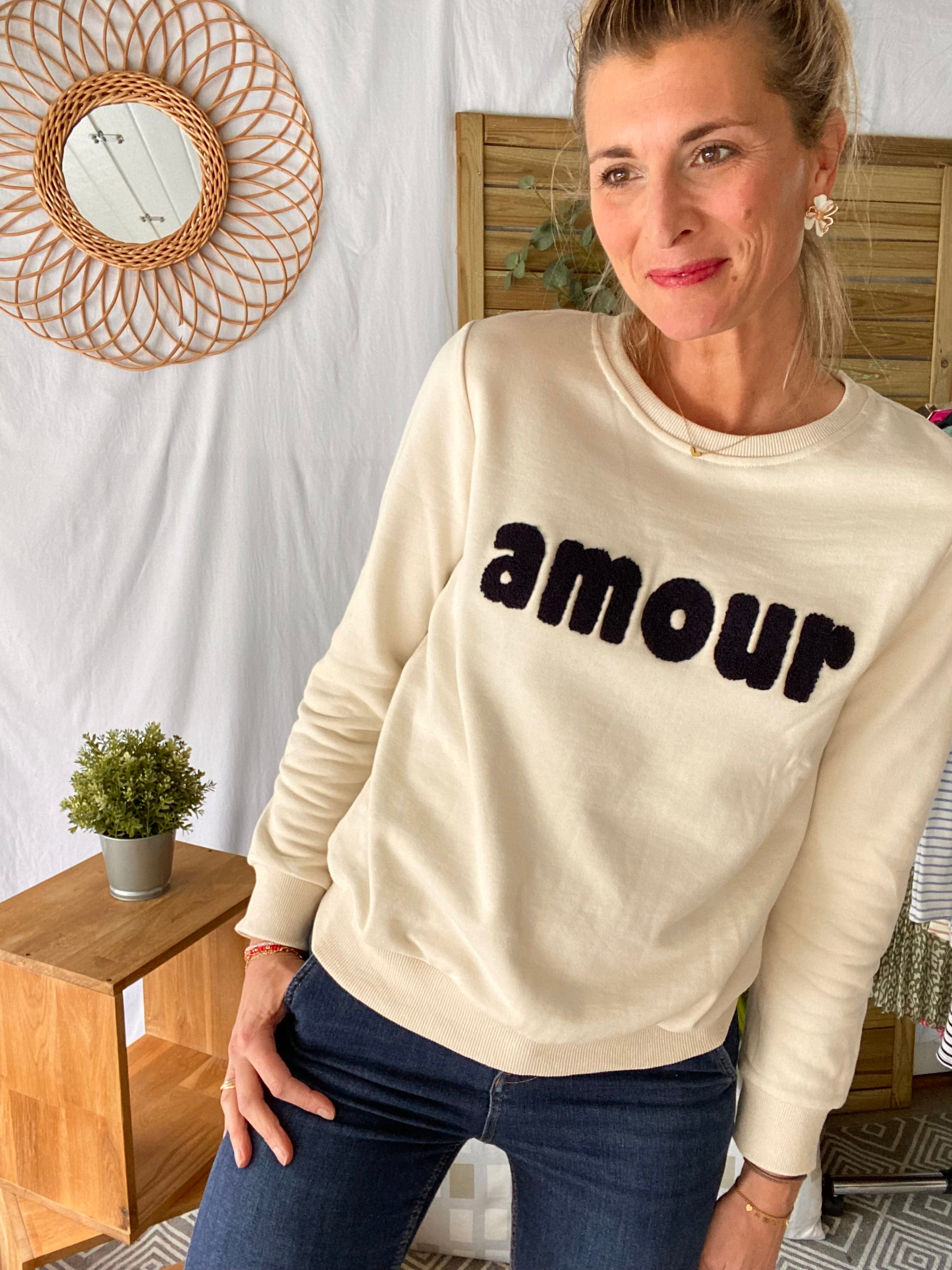 Sweat amour en coton GABRIELLE - Écru/marine - FIN DE SÉRIE