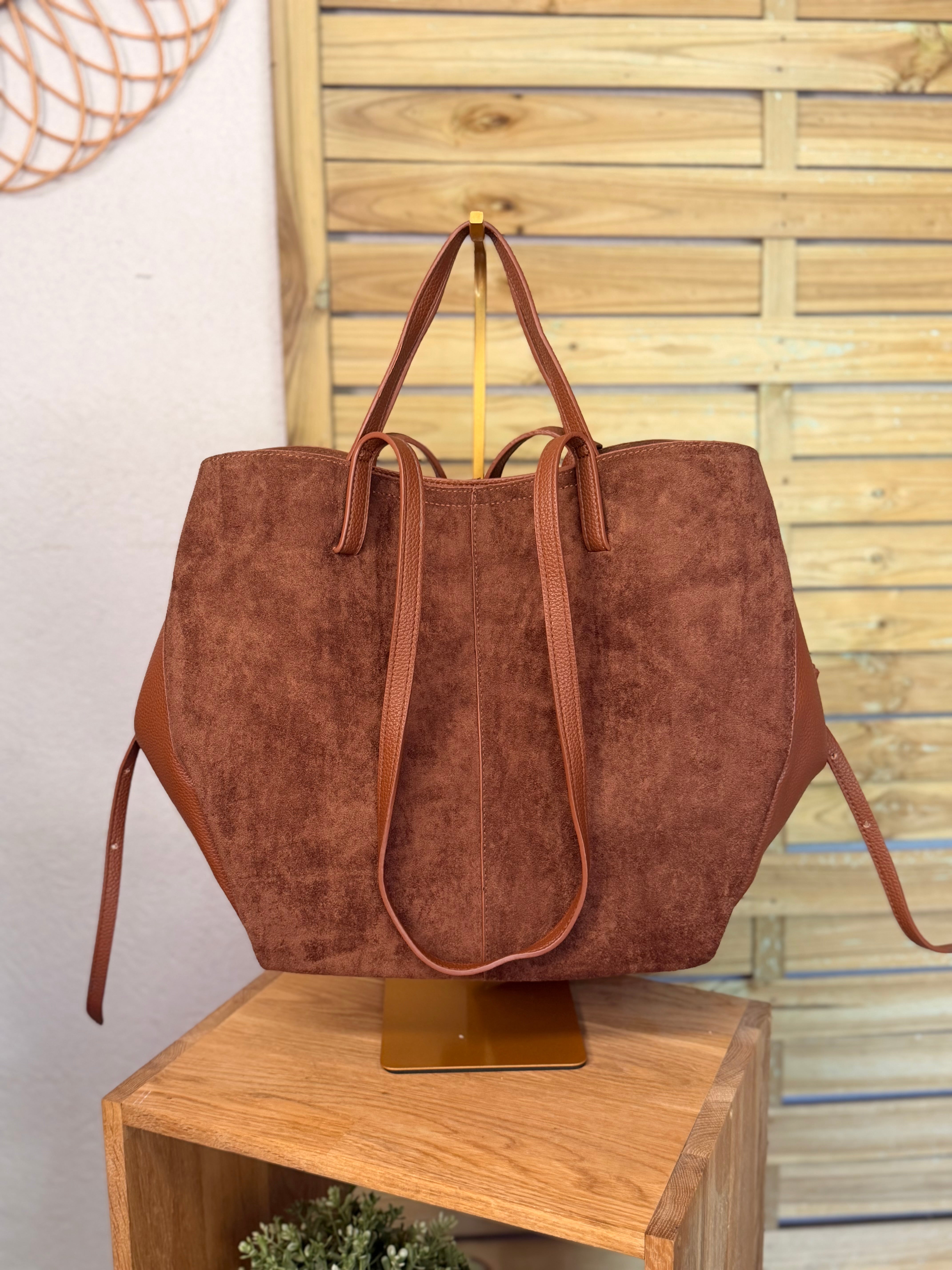 Grand Sac cabas 2 en 1 en simili daim - PAULE Camel
