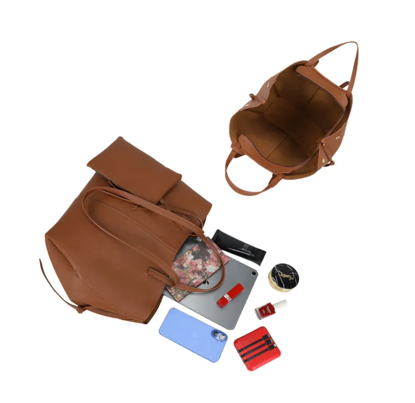 Grand Sac cabas 2 en 1 en simili cuir grainé - PAULE Camel