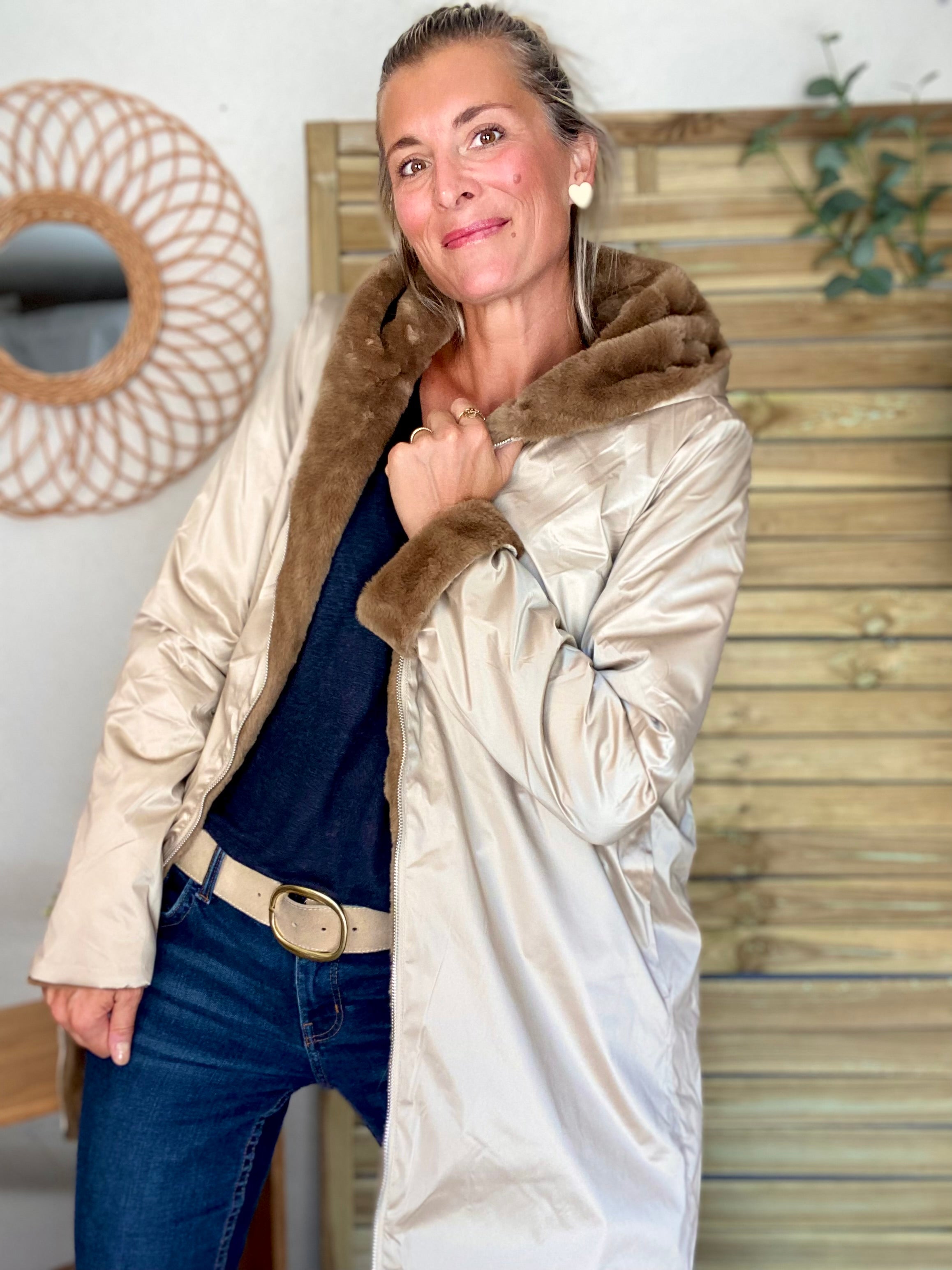 Parka Imperméable réversible fourrée Sable irisé / Camel ALIX - LAURA JO