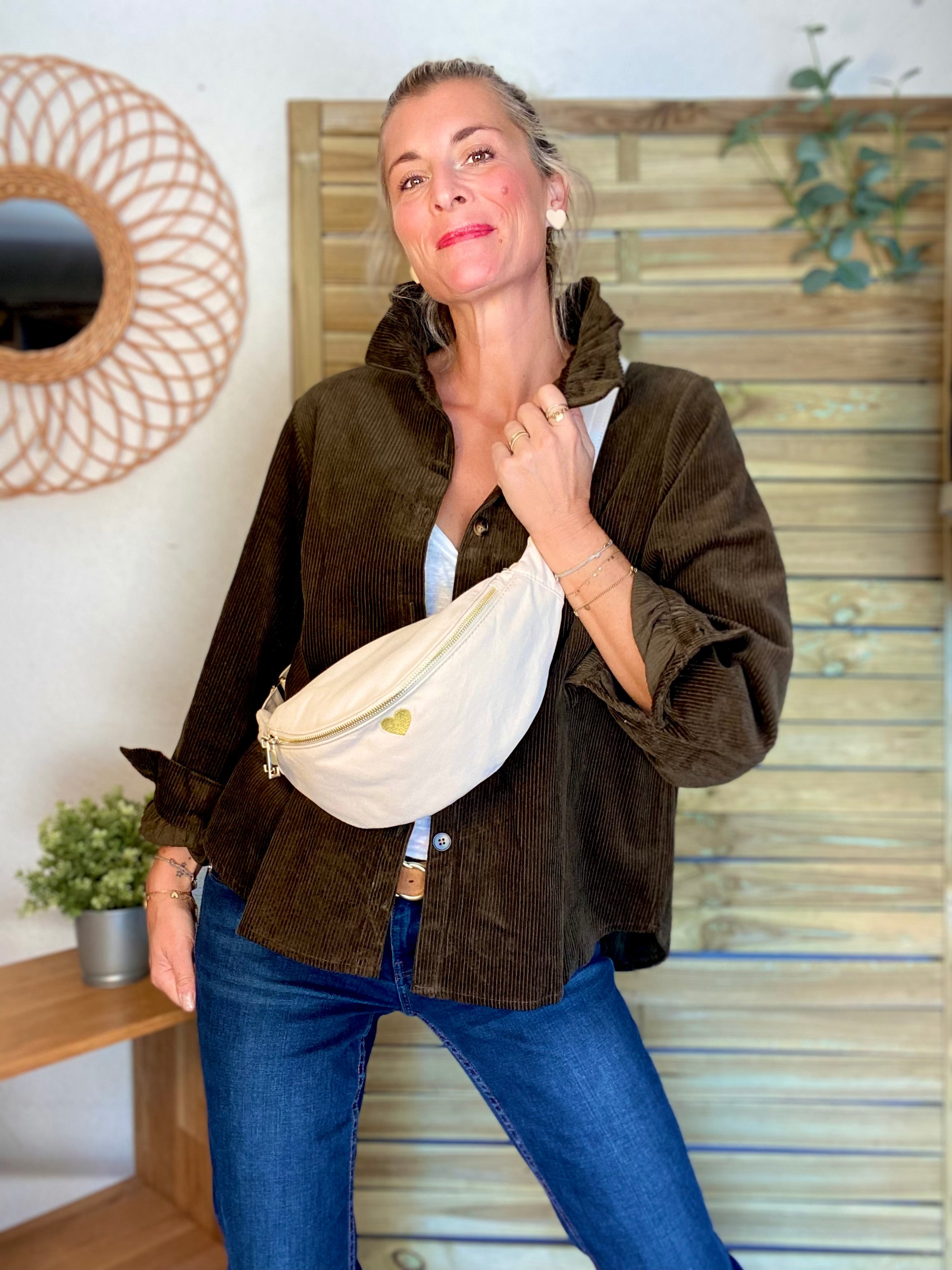 Veste / Chemise en coton, col victorien volanté YVONNE - Velours Kaki