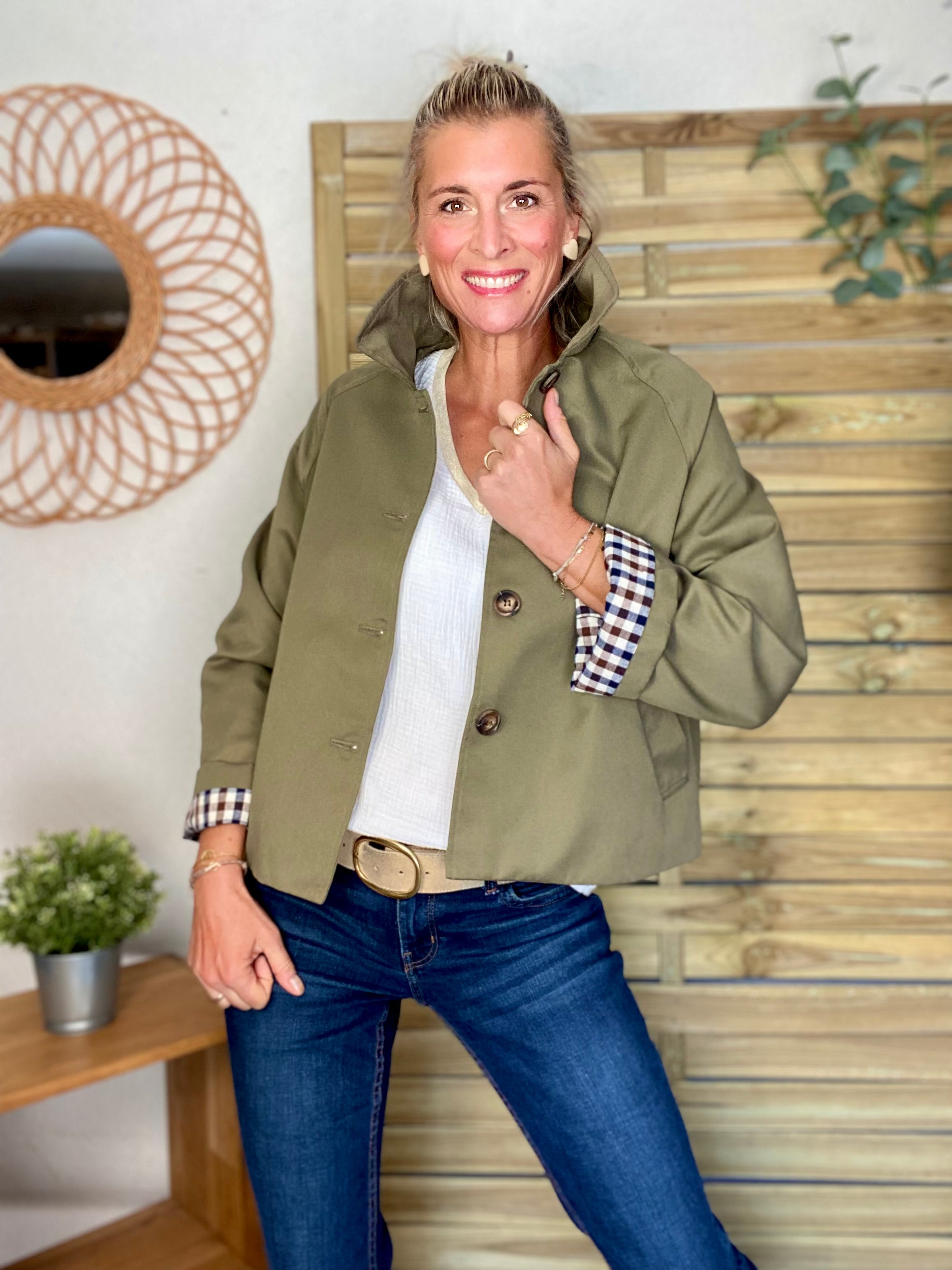 Veste Trench en coton avec vichy - YSEULT court Kaki