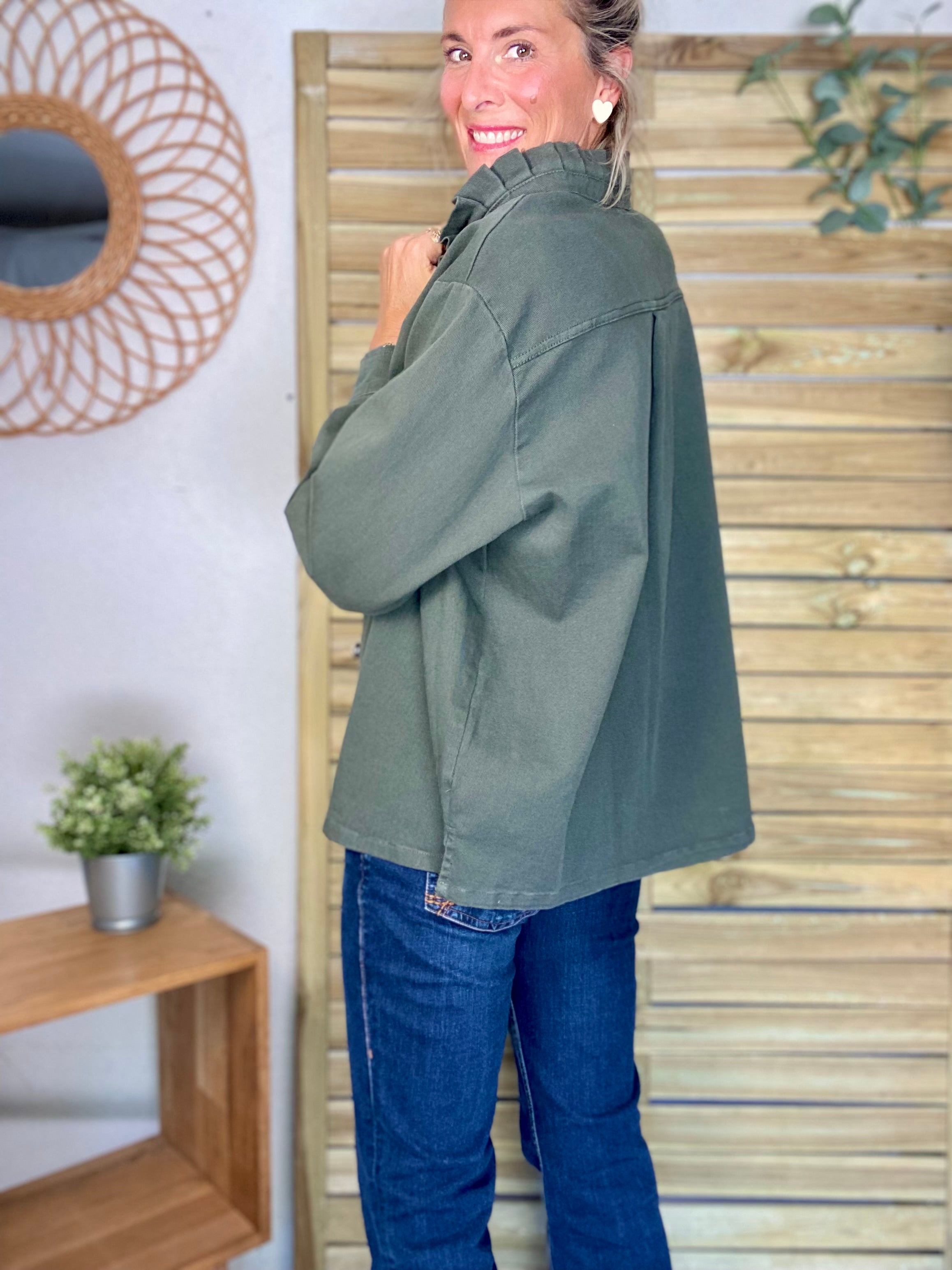 Veste / Chemise en coton, col volanté Kaki LISON