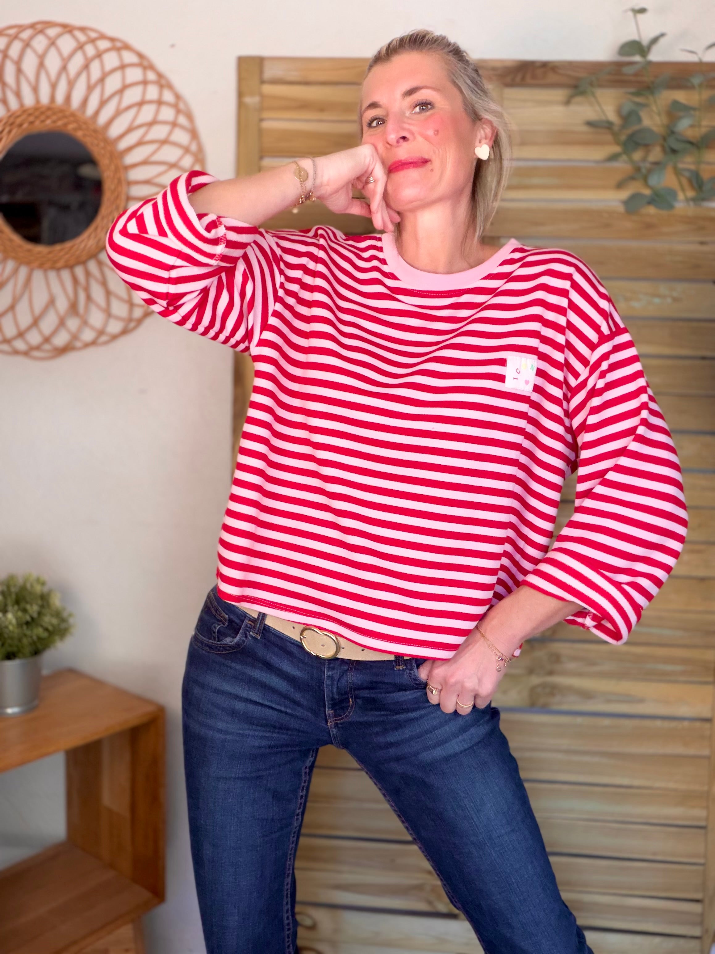 Sweat fin rayé ample Iconic CORALIE - Rouge / Rose