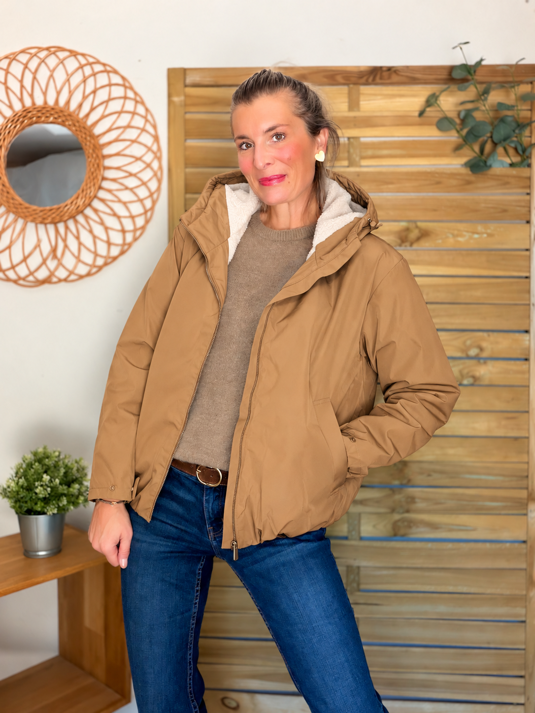 LAURA JO - Imperméable fourré sherpa EVA court - Camel