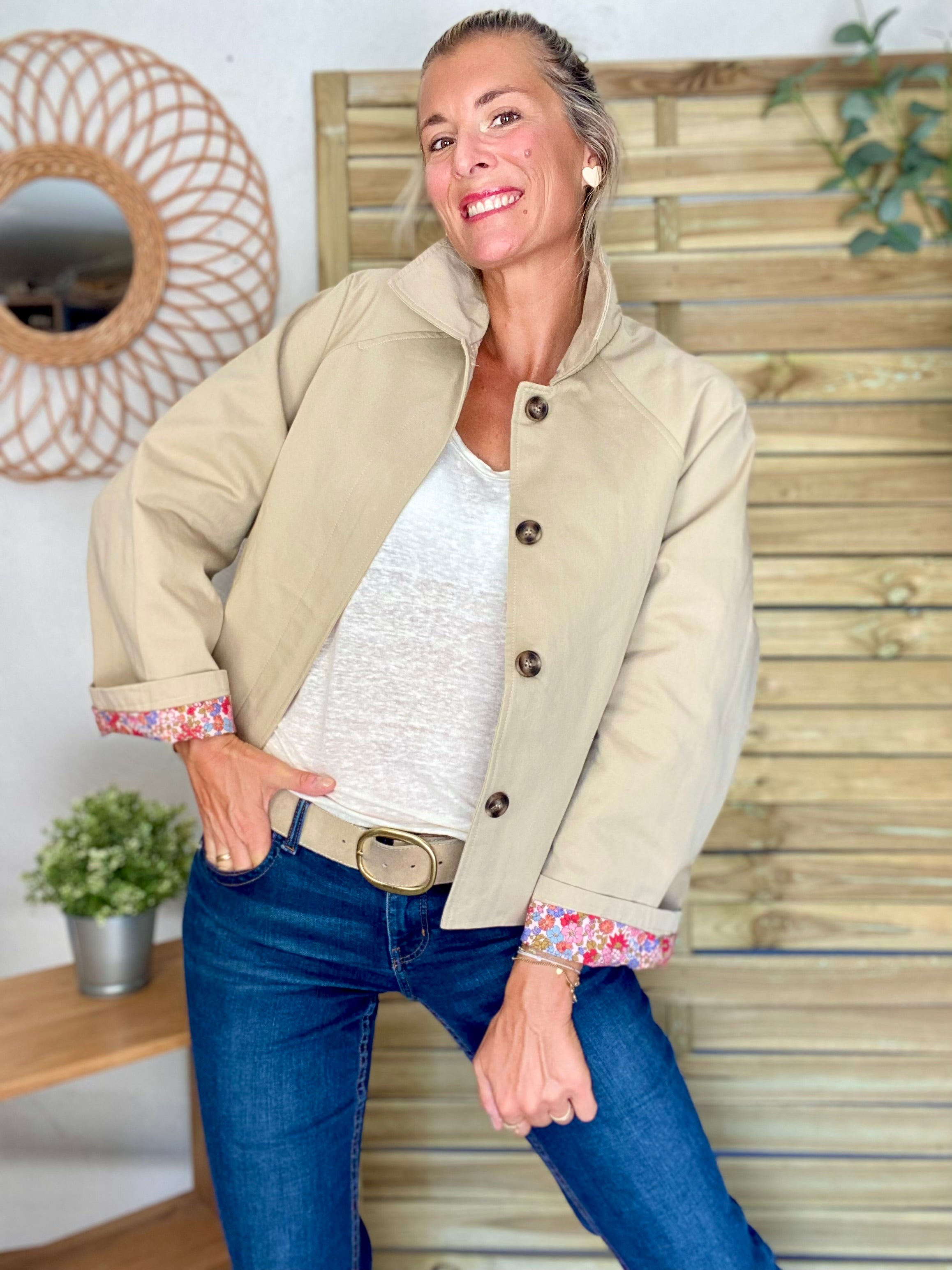 Veste Trench en coton beige avec Liberty - MAHAUT