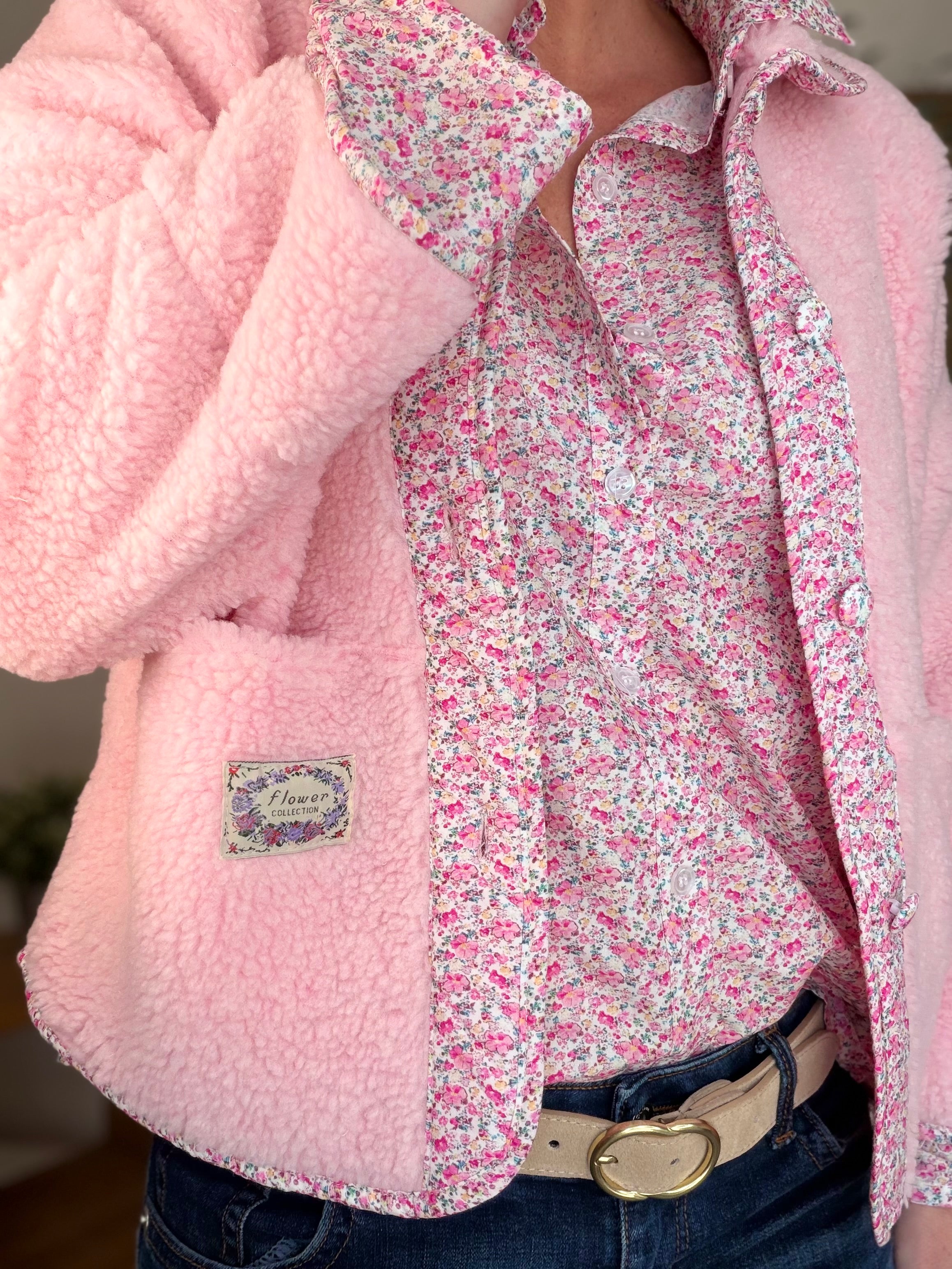 Veste Sherpa et fleurs LÉONIE Rose clair