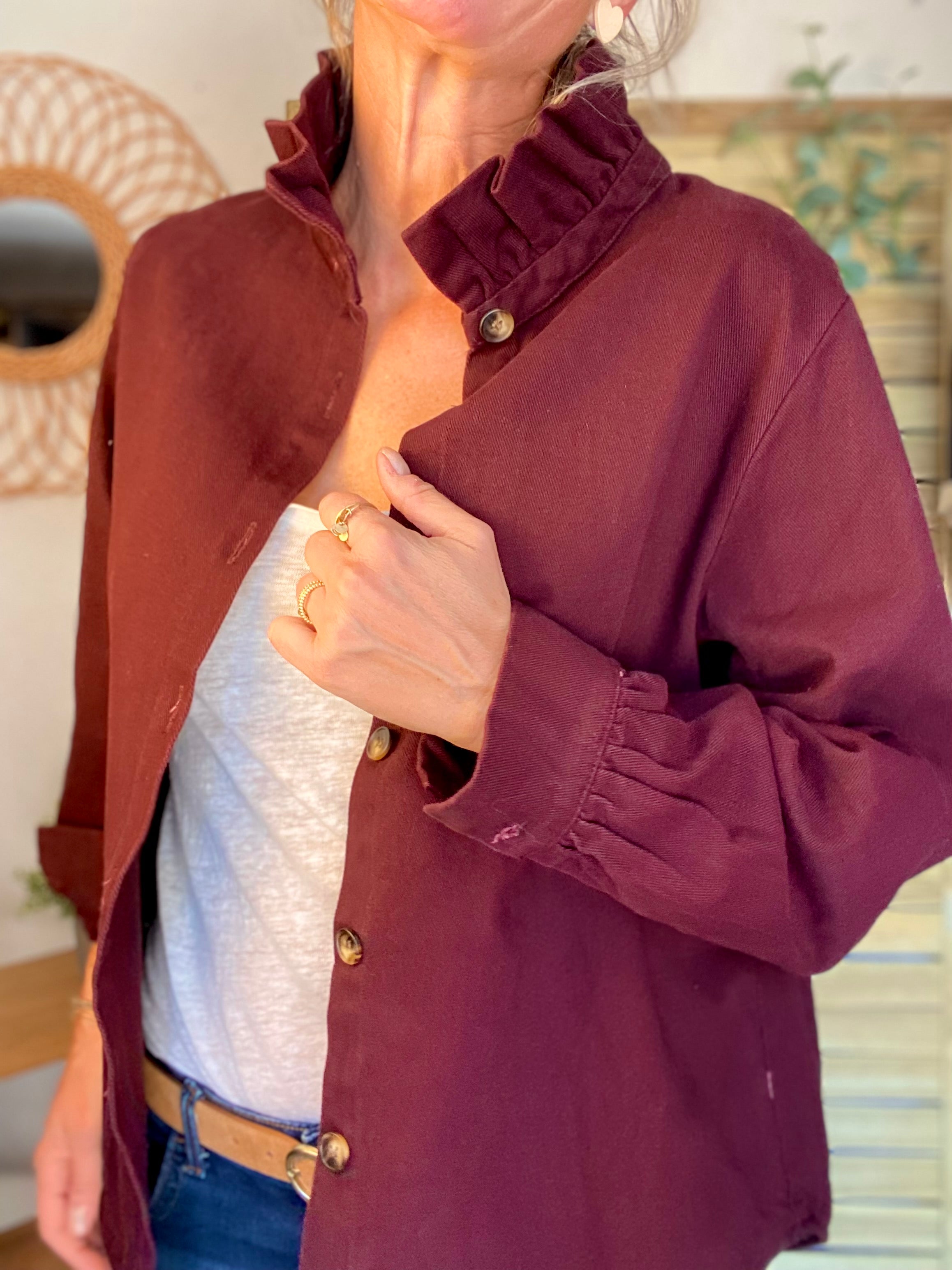 Veste / Chemise en coton, col victorien volanté LISA - Prune