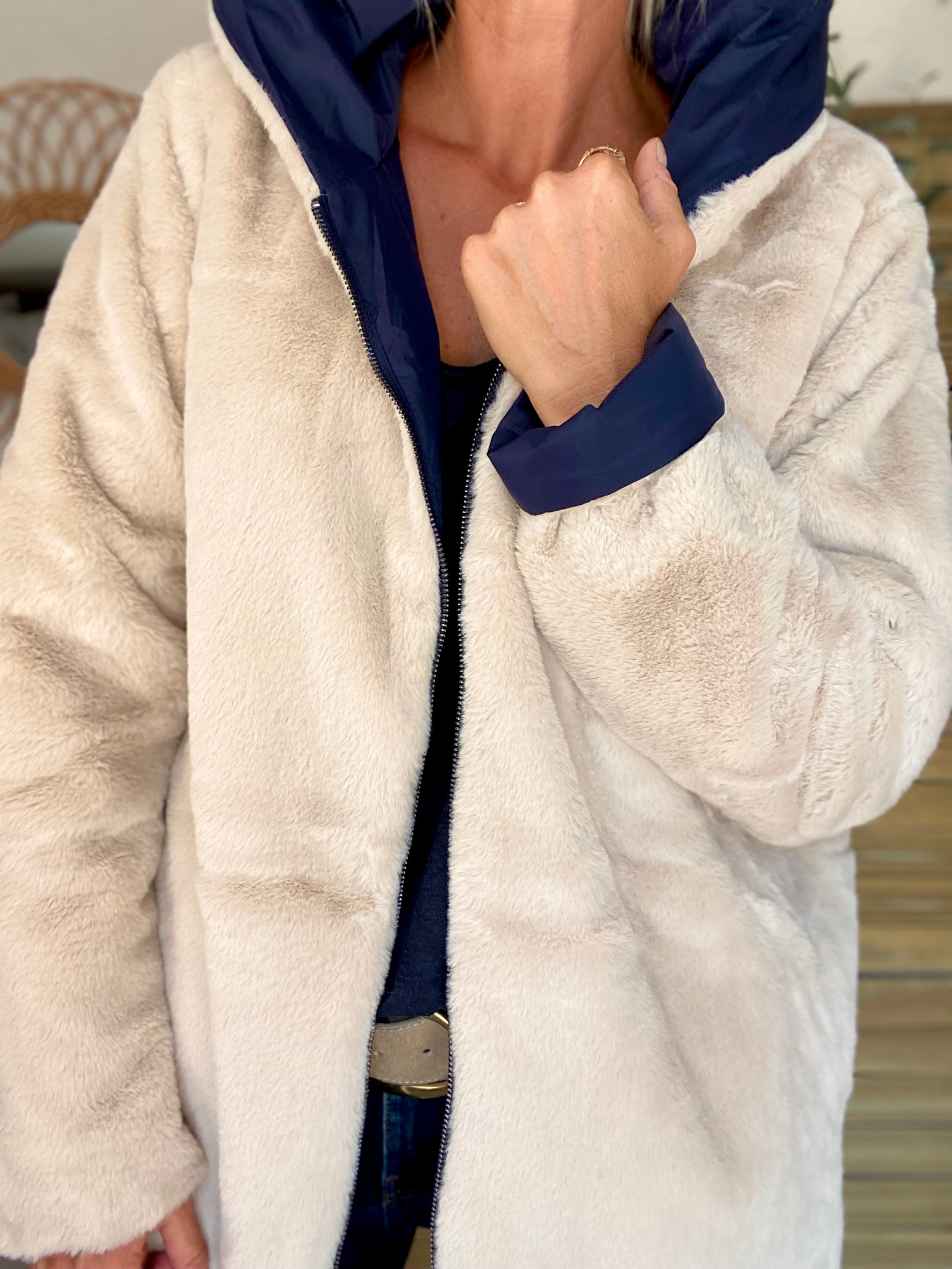 Parka Imperméable réversible fourrée Bleu marine / Beige ALIX - LAURA JO