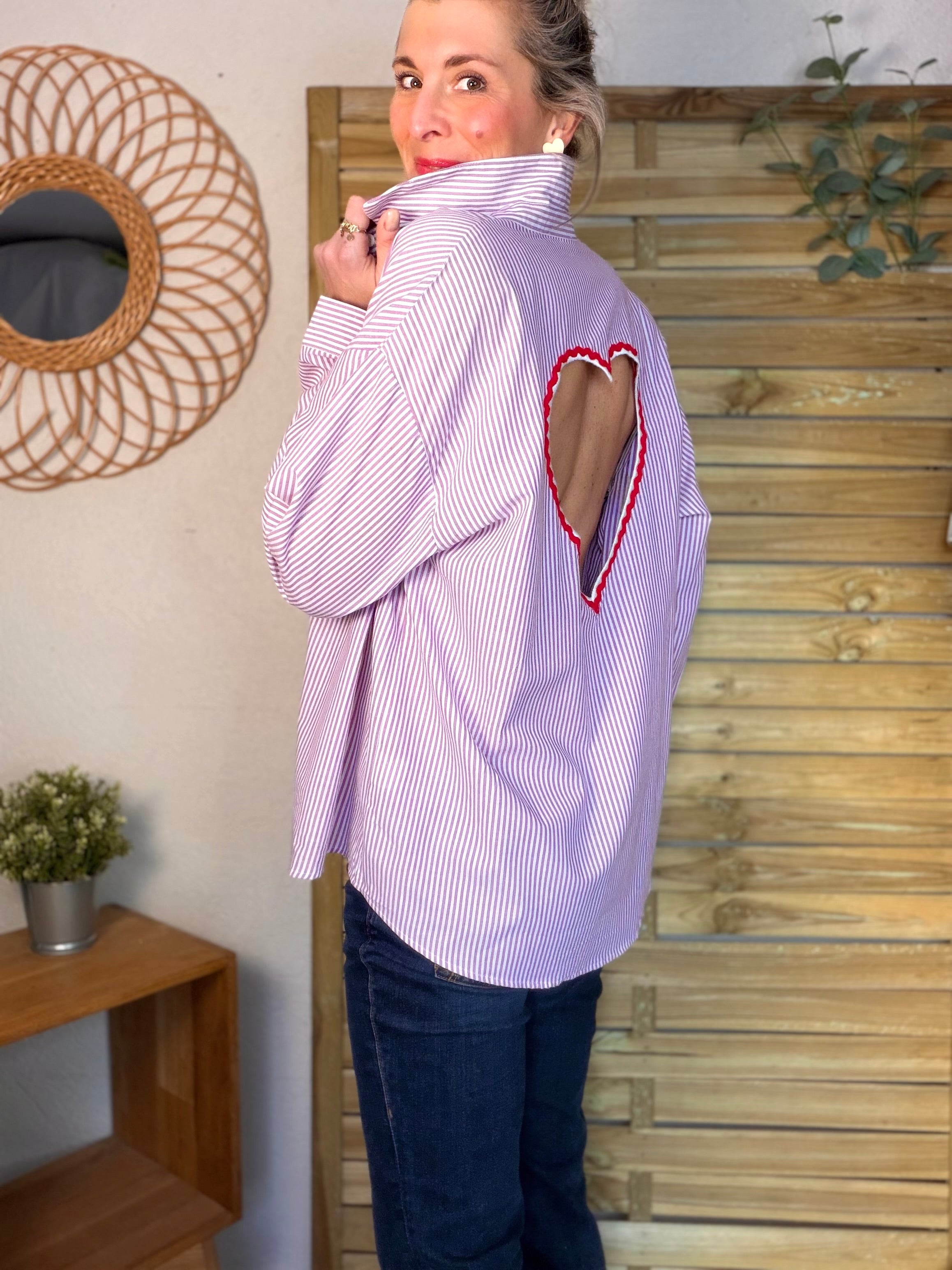 Chemise rayée rose cerise cœur ajouré dos ❤️ AMANDA