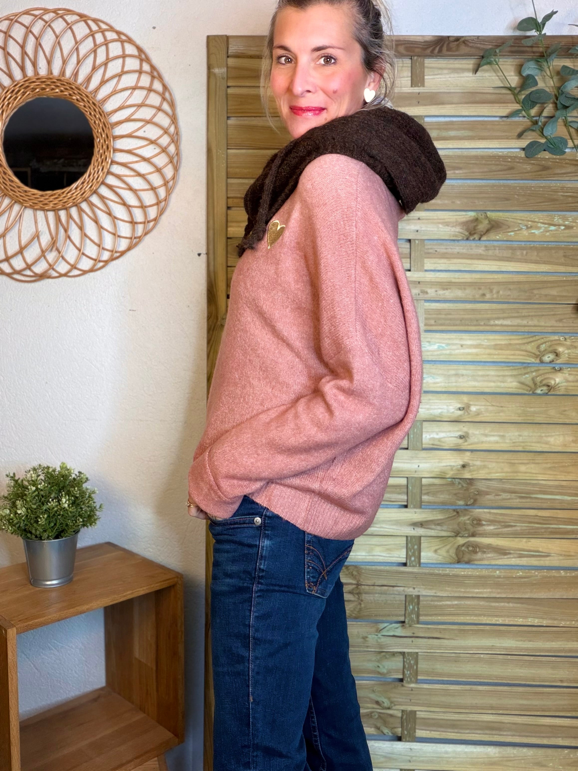 Pull léger en maille cœur doré brodé 💛 MELISSA - Vieux rose
