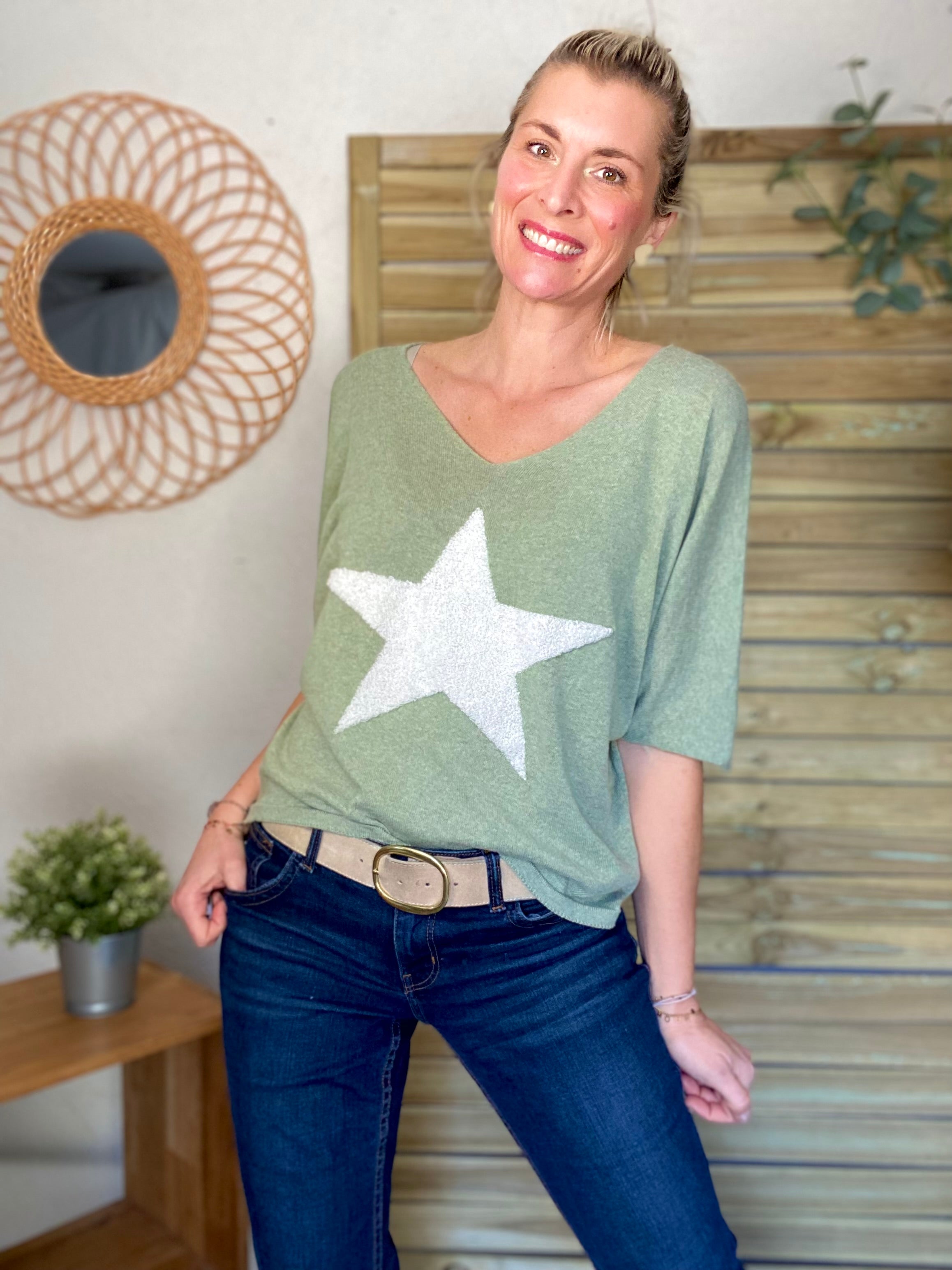 Pull fin Étoile ⭐️ col V PÉNÉLOPE - Vert sauge