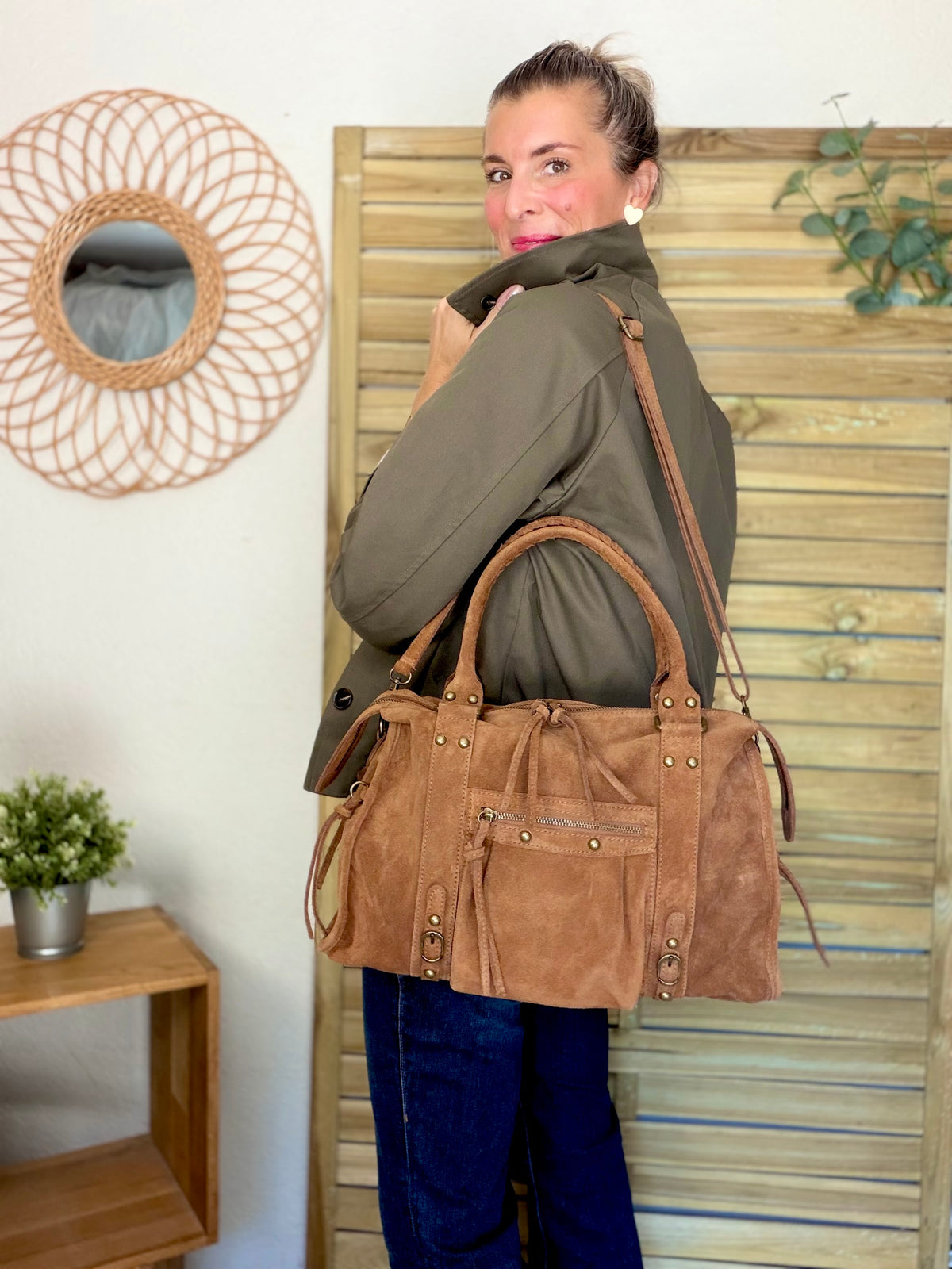 Sac cabas XL en cuir daim • HUNTER Camel