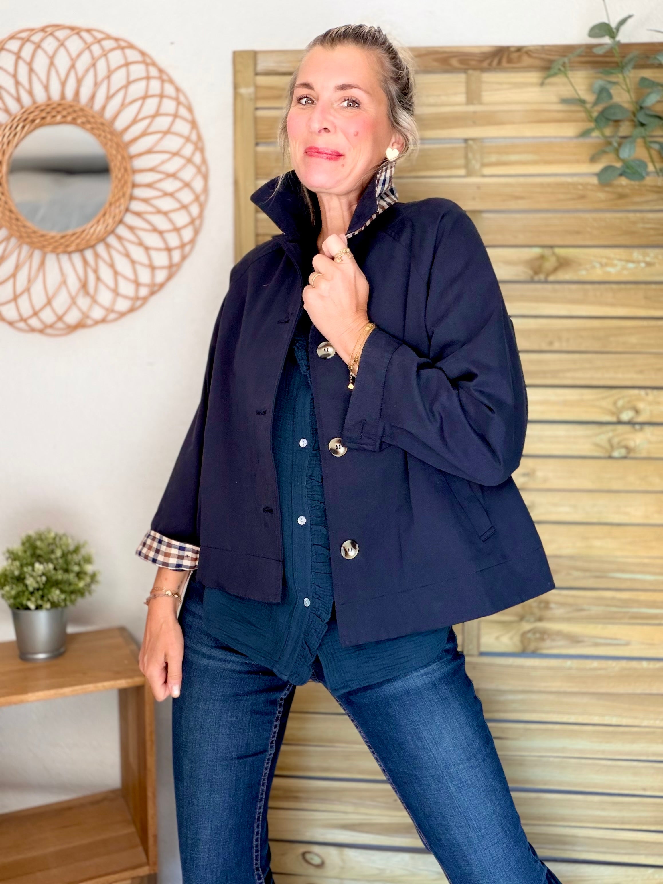 Veste Trench en coton avec carreaux - SOLÈNE Bleu marine