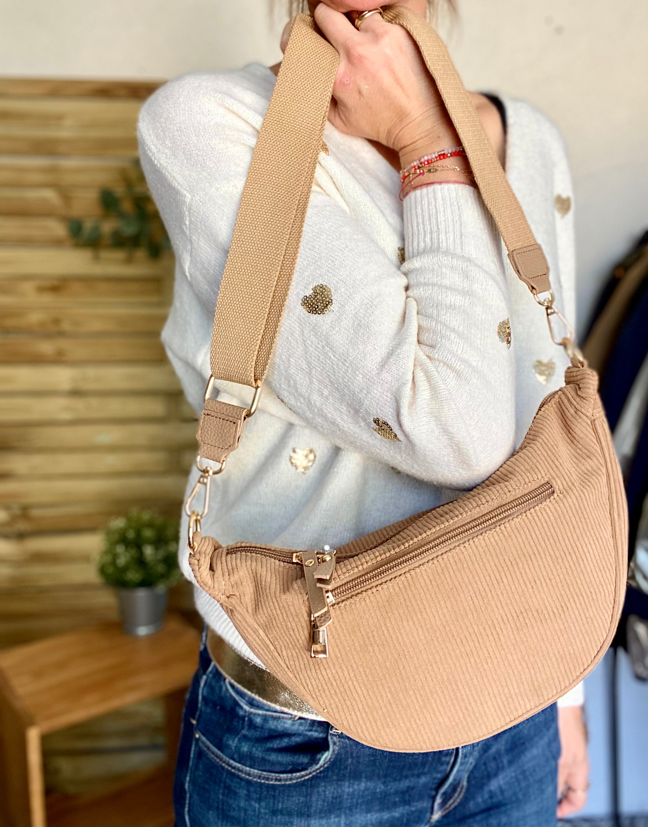 Sac besace demi-lune XL velours côtelé - AMY - Taupe foncé