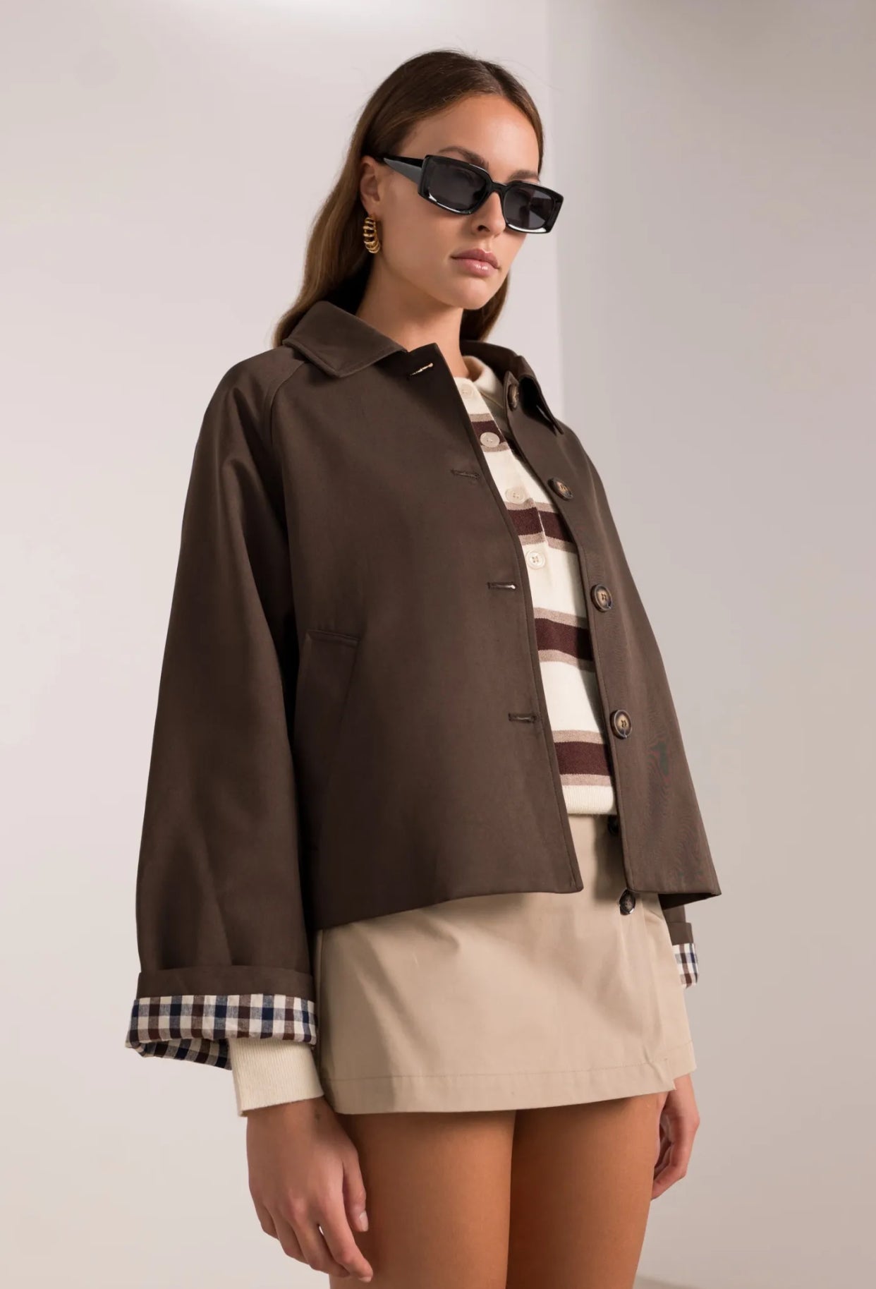 Veste Trench en coton avec vichy - YSEULT court Chocolat