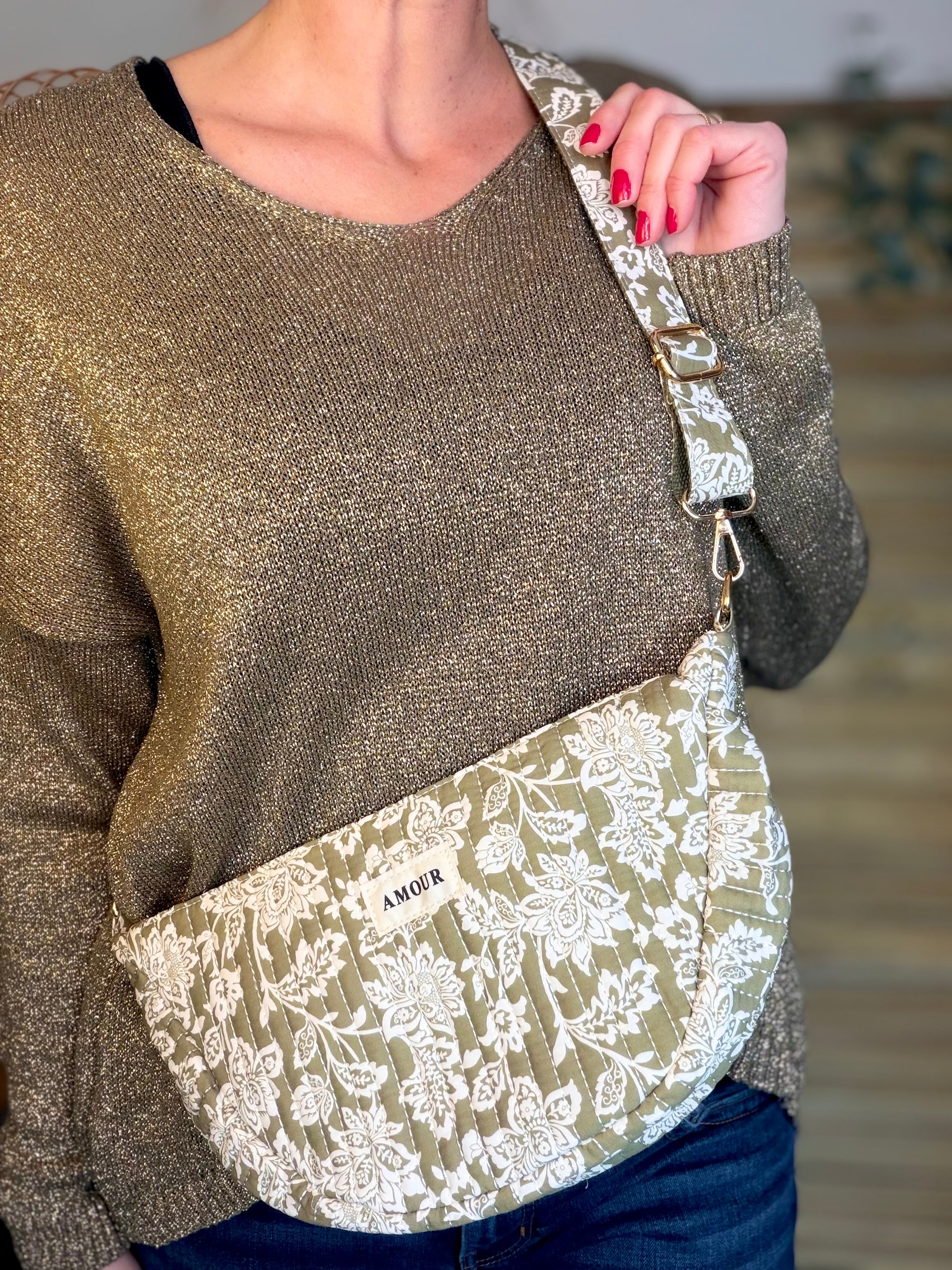 Sac demi-lune matelassé Amour JILL - Fleuri Kaki