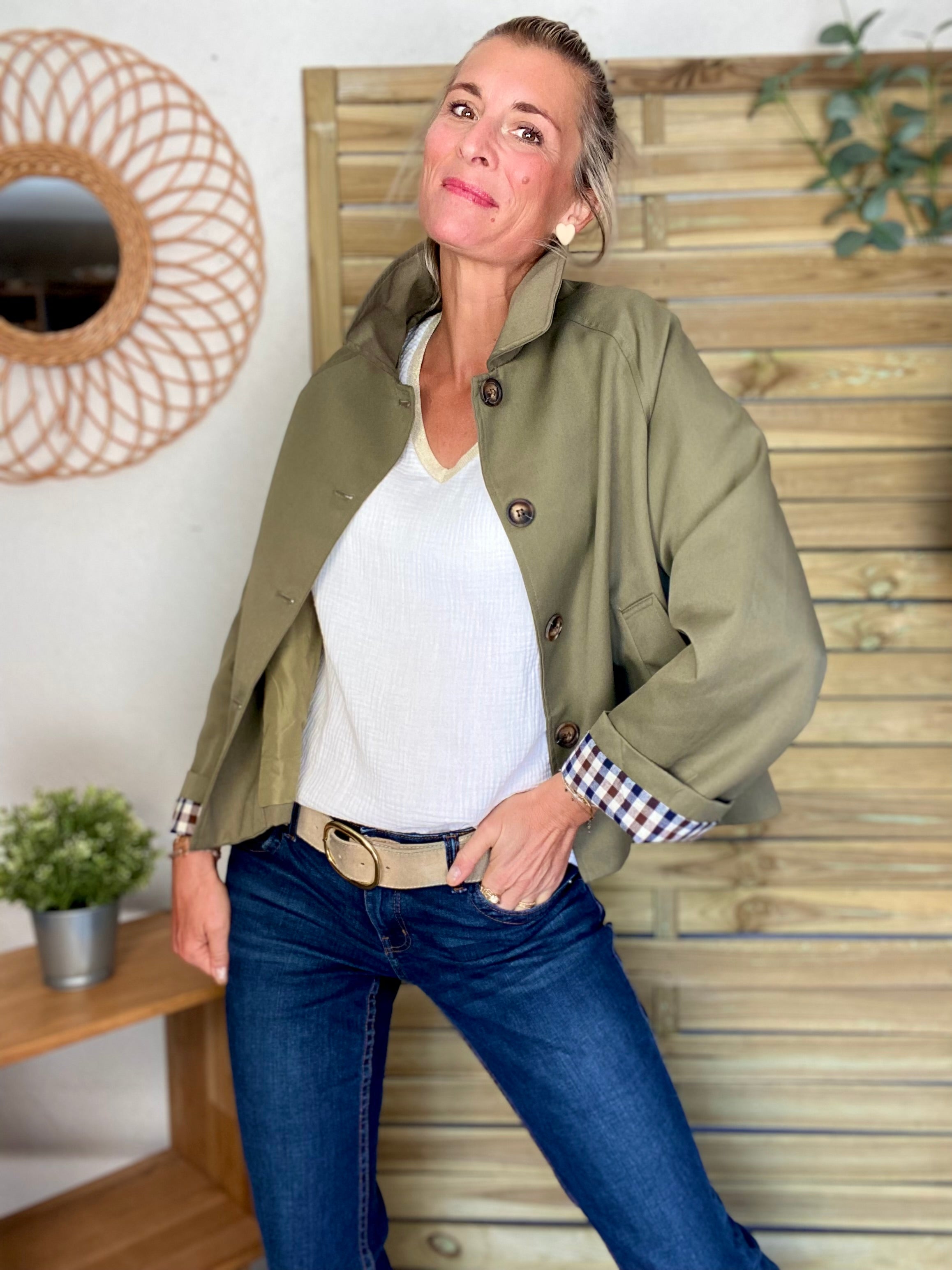 Veste Trench en coton avec vichy - YSEULT court Kaki