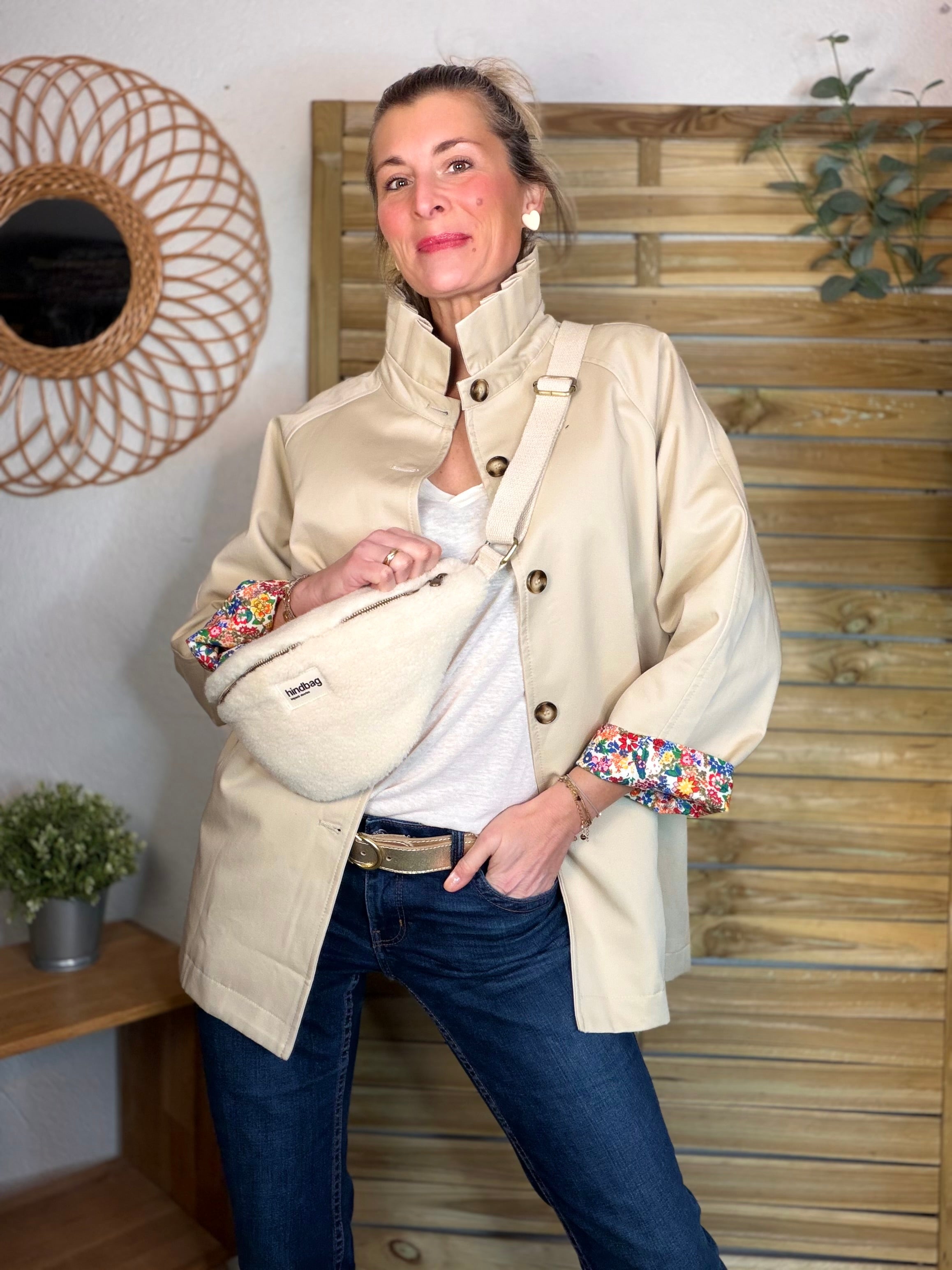 Veste Trench mi-long col victorien avec Liberty - ANDY Beige