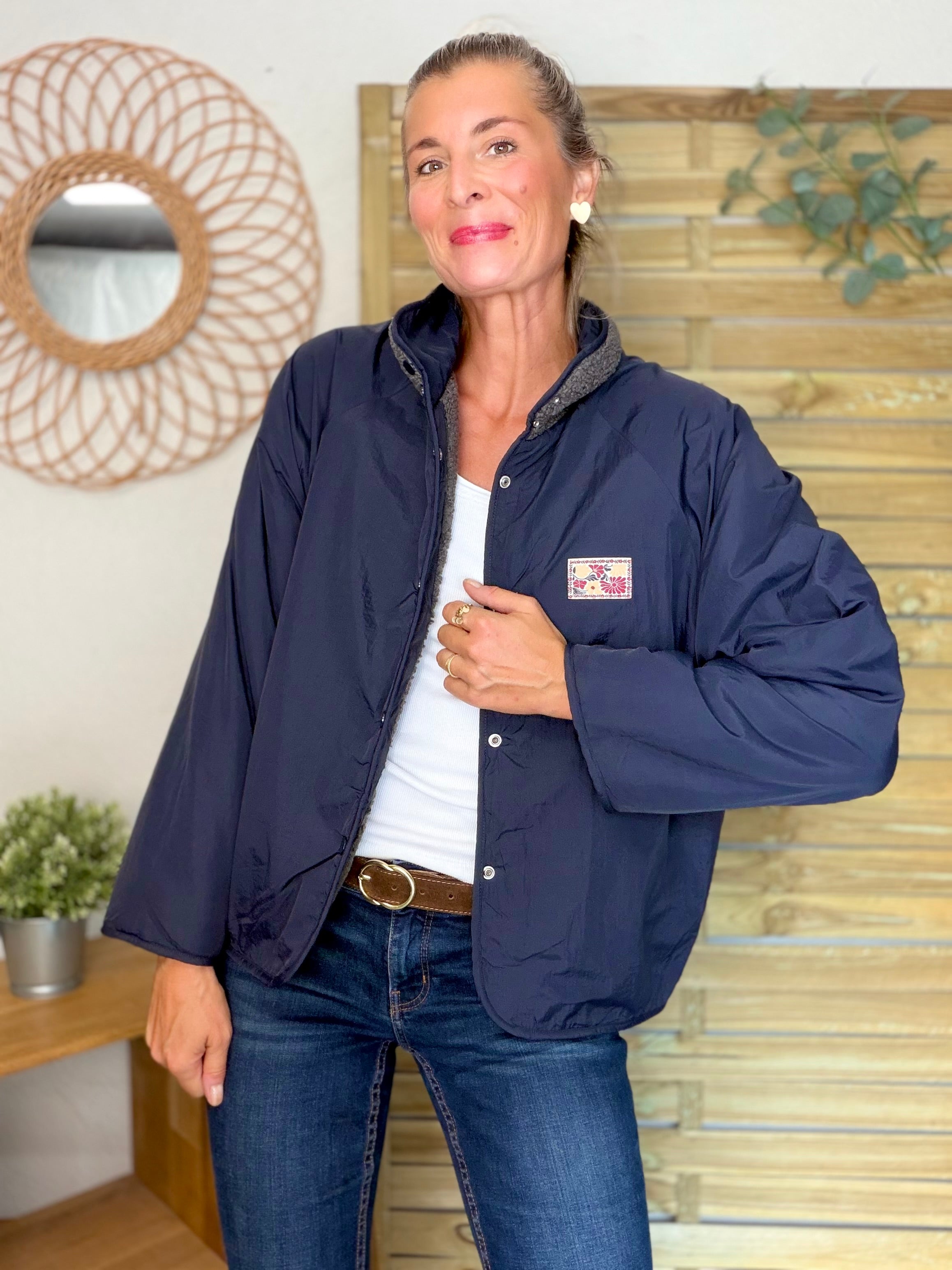 Veste matelassée réversible Sherpa AMÉLIE Bleu marine / Gris