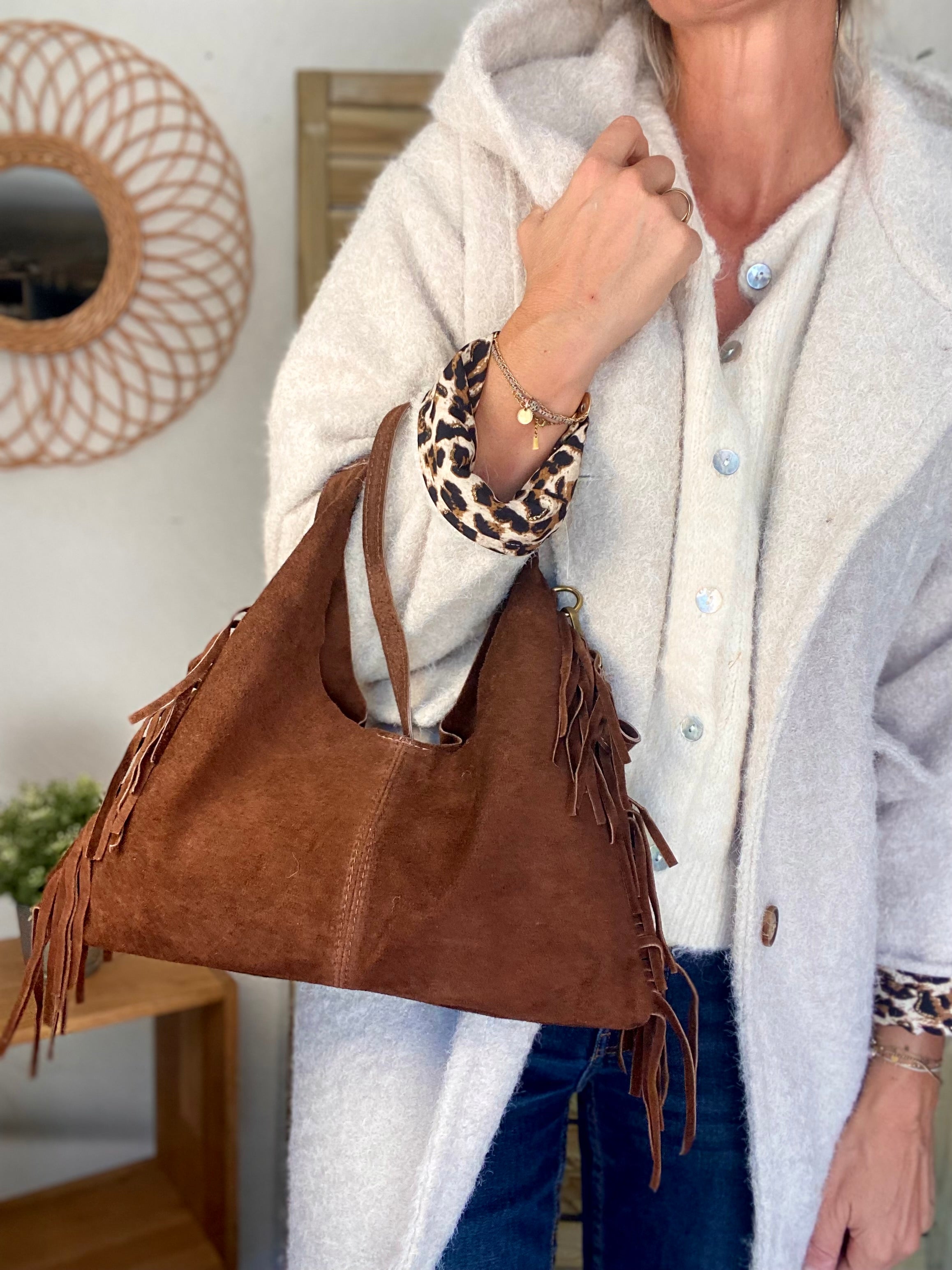 Sac en cuir daim avec franges AARON - Chocolat