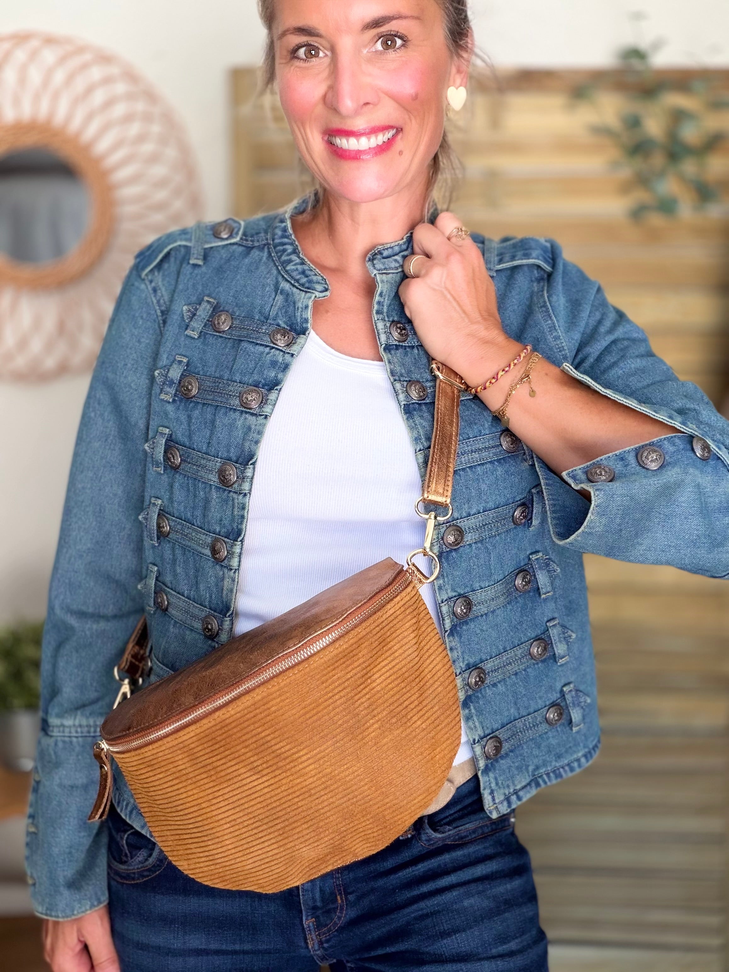 Sac banane XL 30cm en cuir irisé et velours - JANIS - Camel bi-matière
