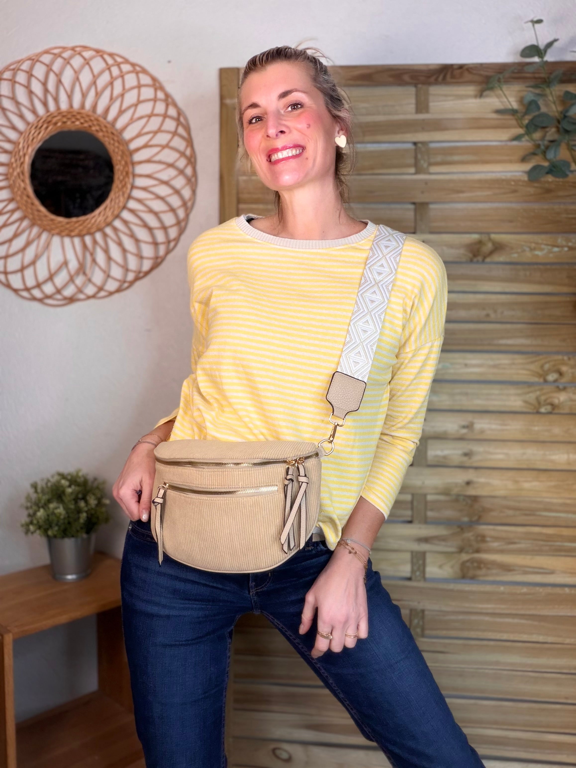 Sac banane en velours côtelé, sangle fantaisie - KATY - Camel clair