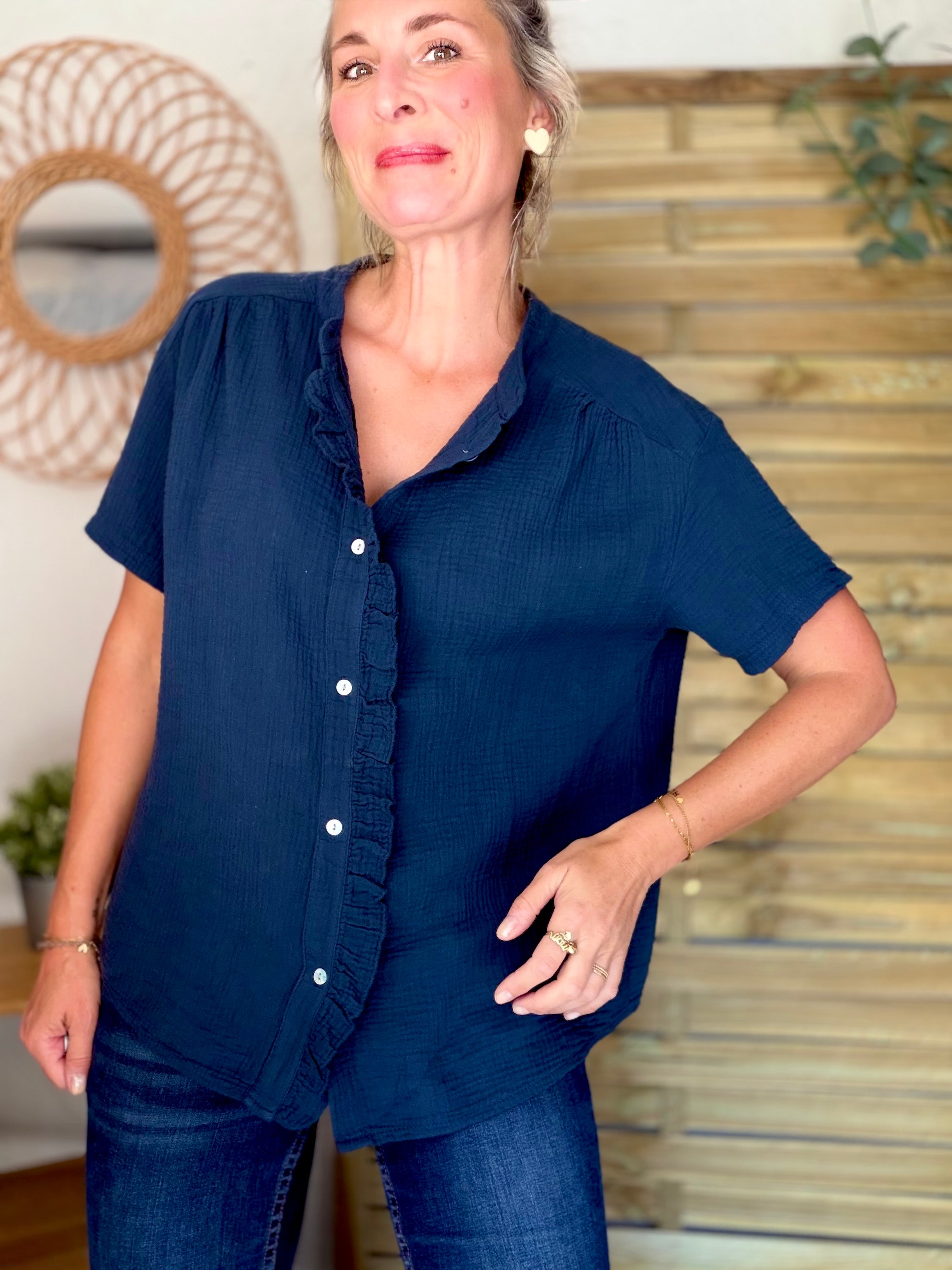 Blouse en gaze de coton ANAËLLE Bleu marine
