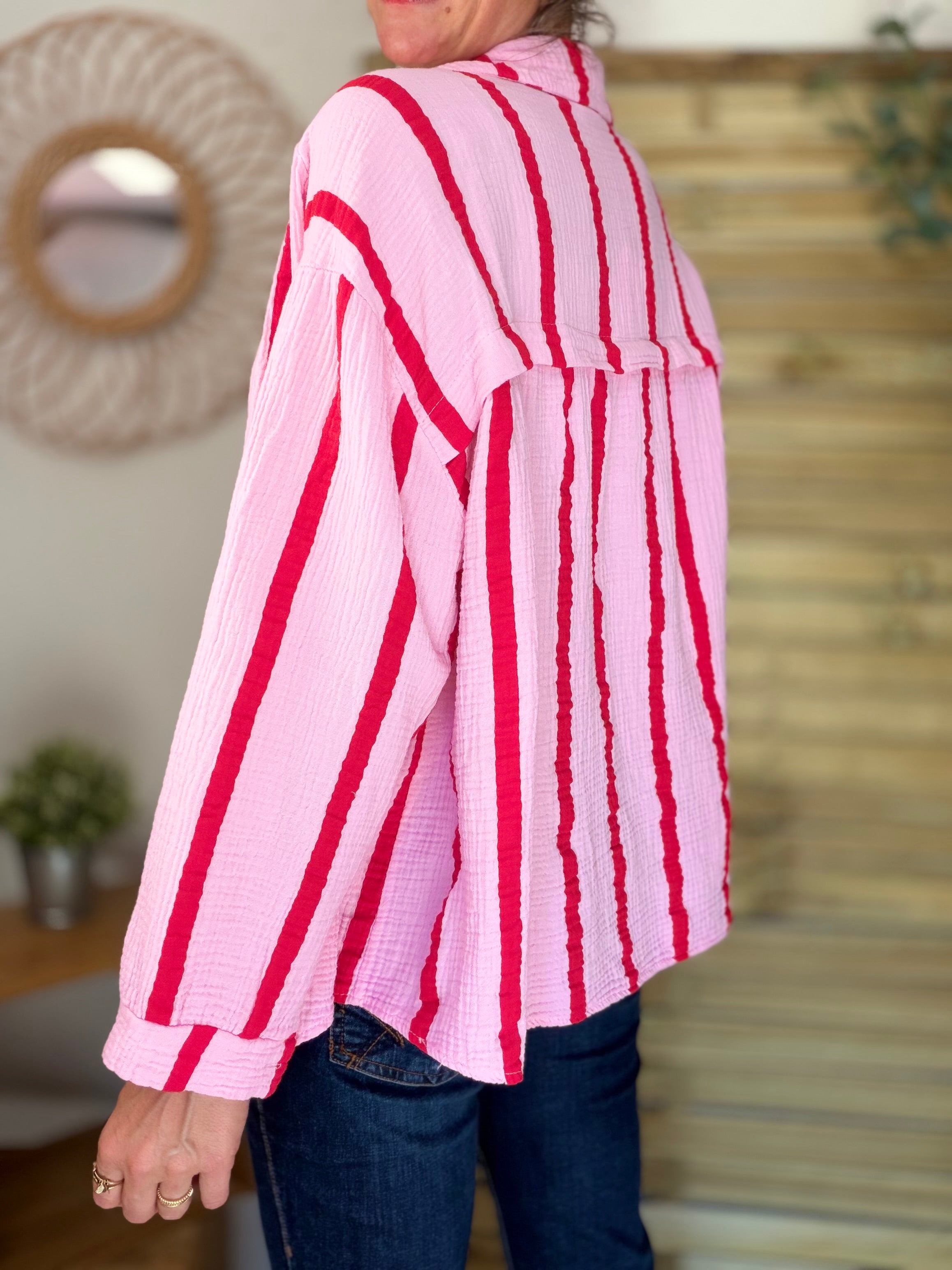 Chemise en gaze de coton rayé FÉLICIE Rose rouge