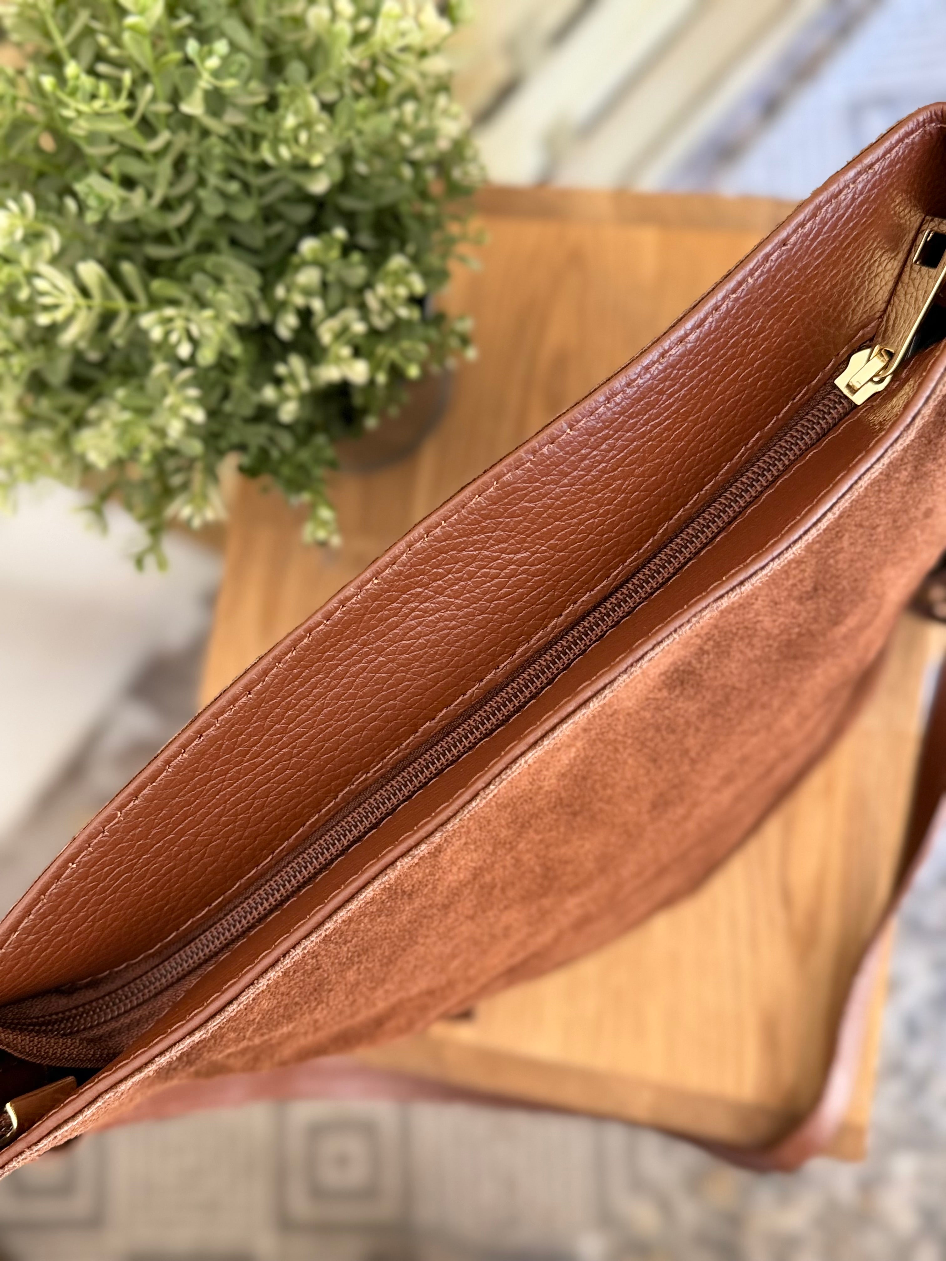 Sac seau en cuir daim avec franges KYLIE - Camel foncé (Café)