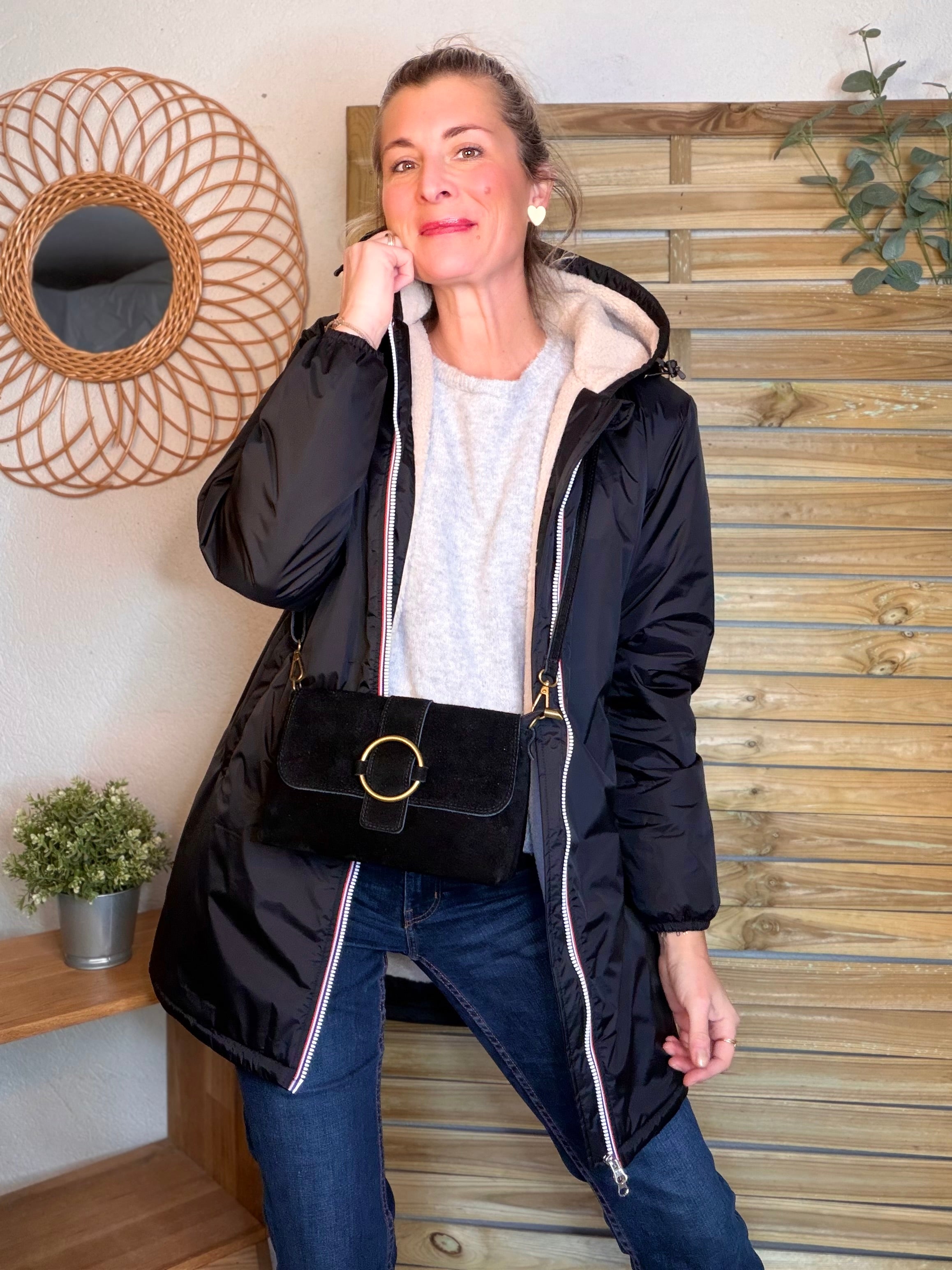Parka Imperméable LOUISE LONG Sherpa écru - Noir - LAURA JO