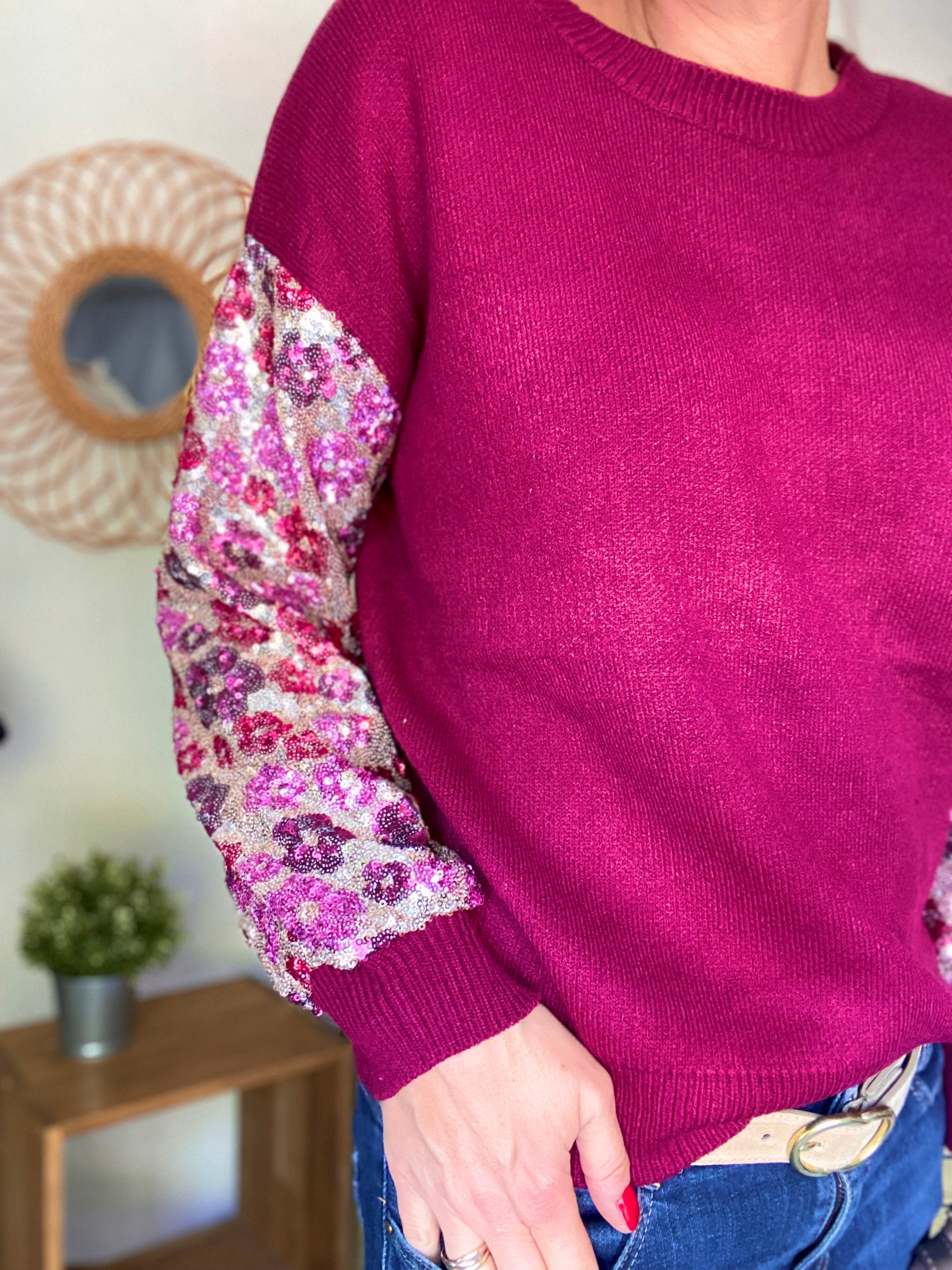 Pull ANDRÉA avec manches à sequins motif fleurs - Bordeaux