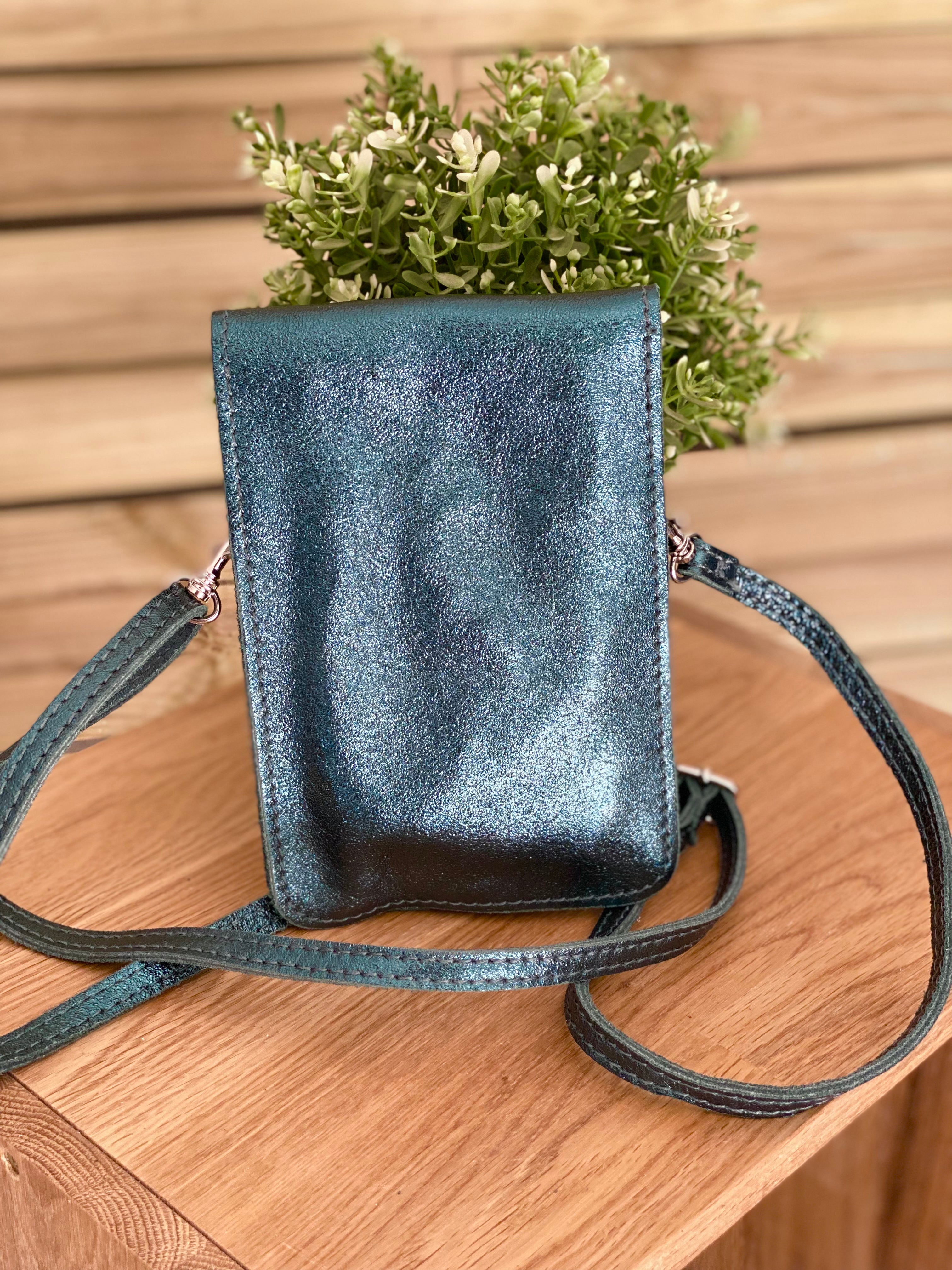 Pochette bandoulière en cuir irisé - FLORE - Bleu pétrole (7 coloris)