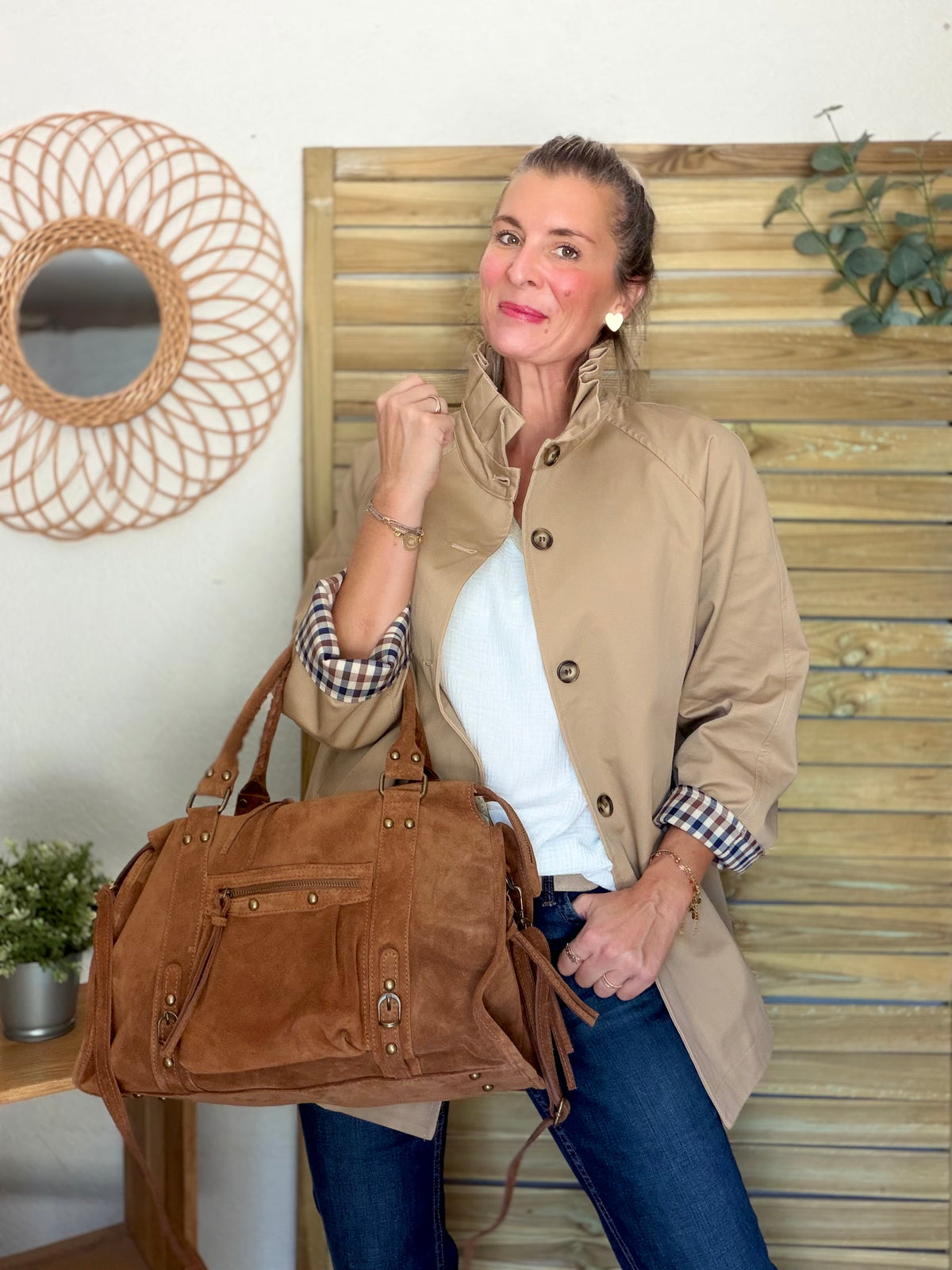 Veste Trench mi-long col victorien avec carreaux - ANDY Beige taupe