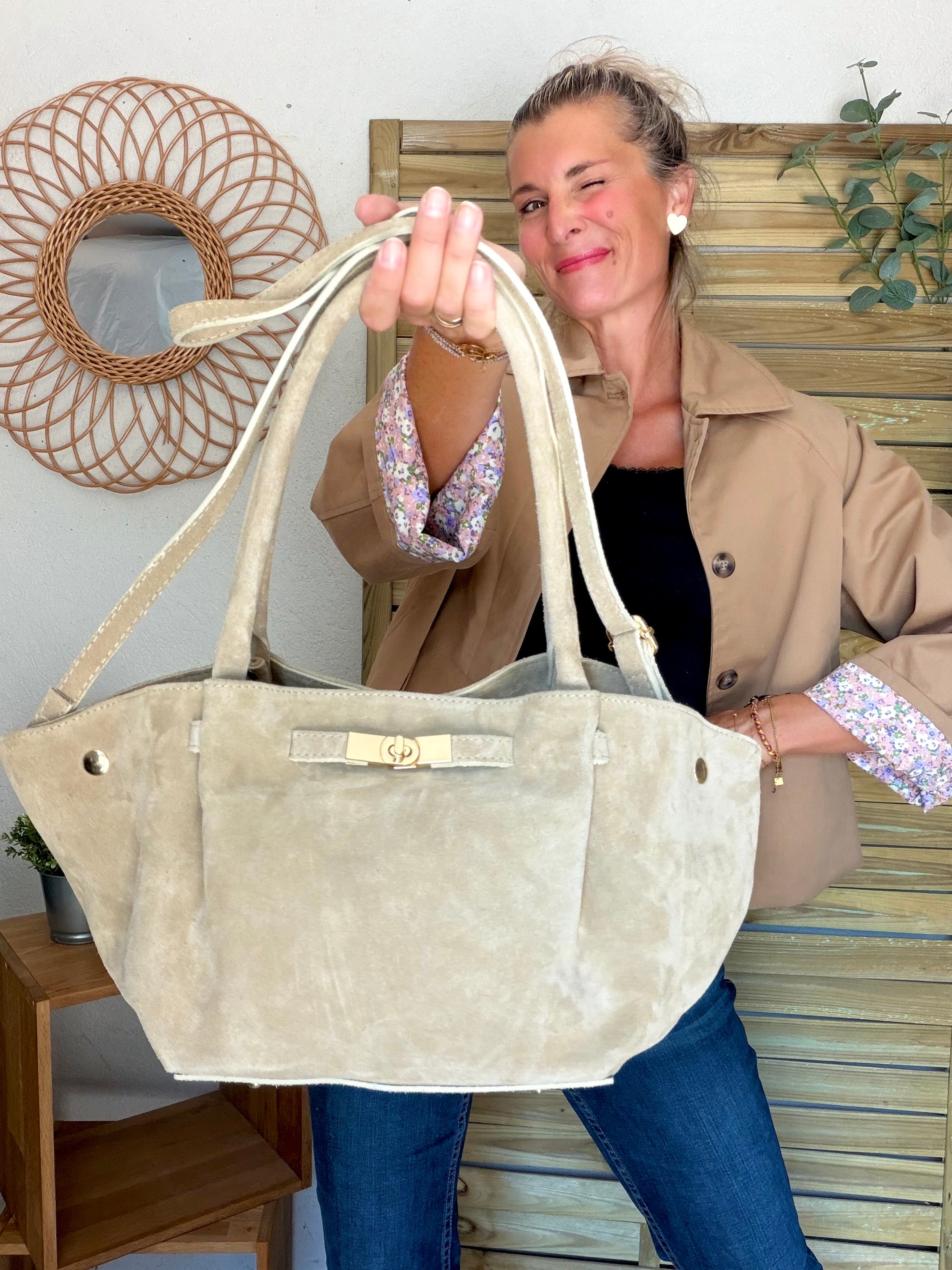 Sac cabas en cuir daim HANA - Beige