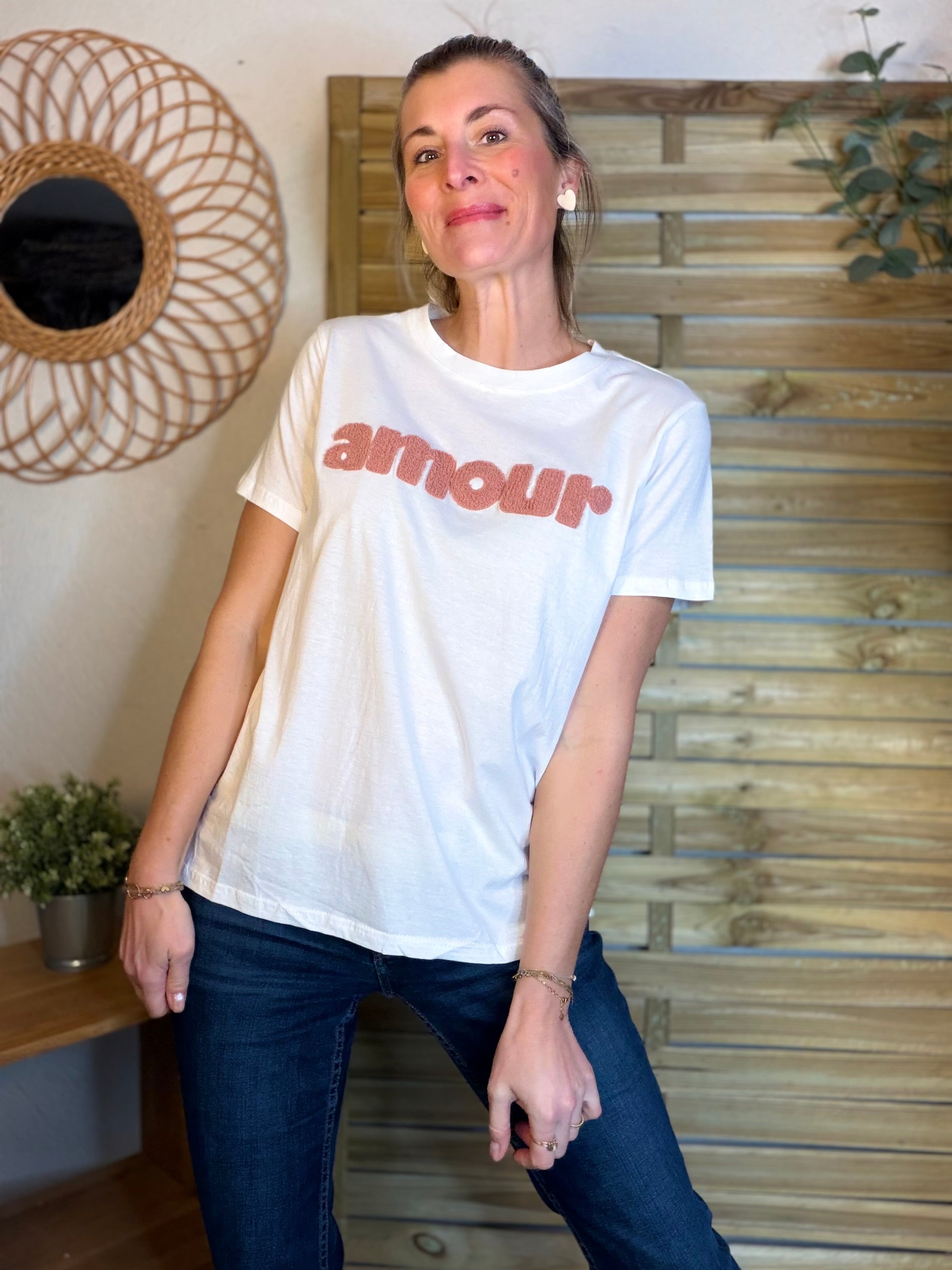 Tee shirt amour MAÏA Blanc/Vieux rose