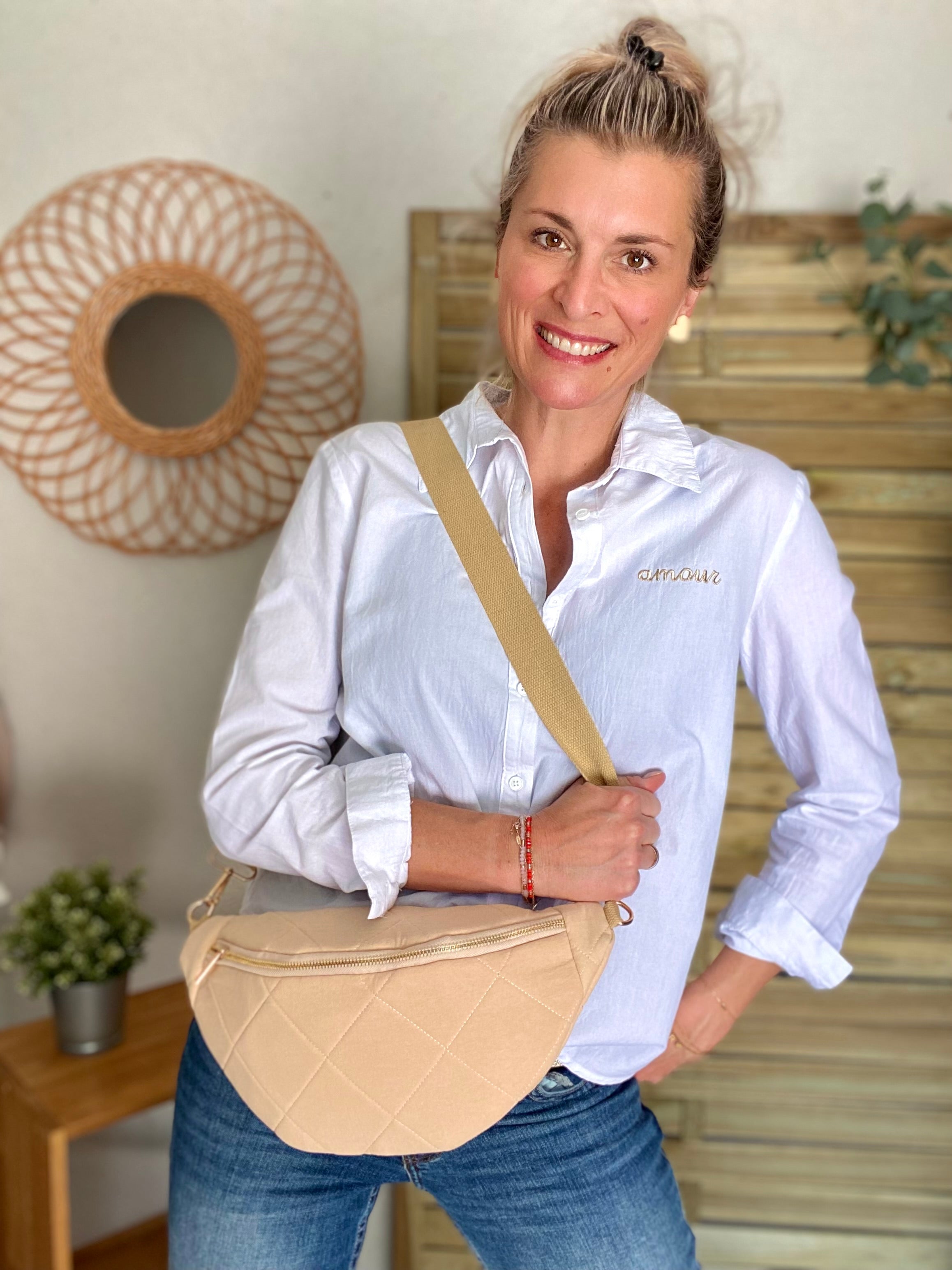 Sac banane XL gaze de coton surpiquée Ciao Boum - CARLY - Beige - FIN DE SÉRIE