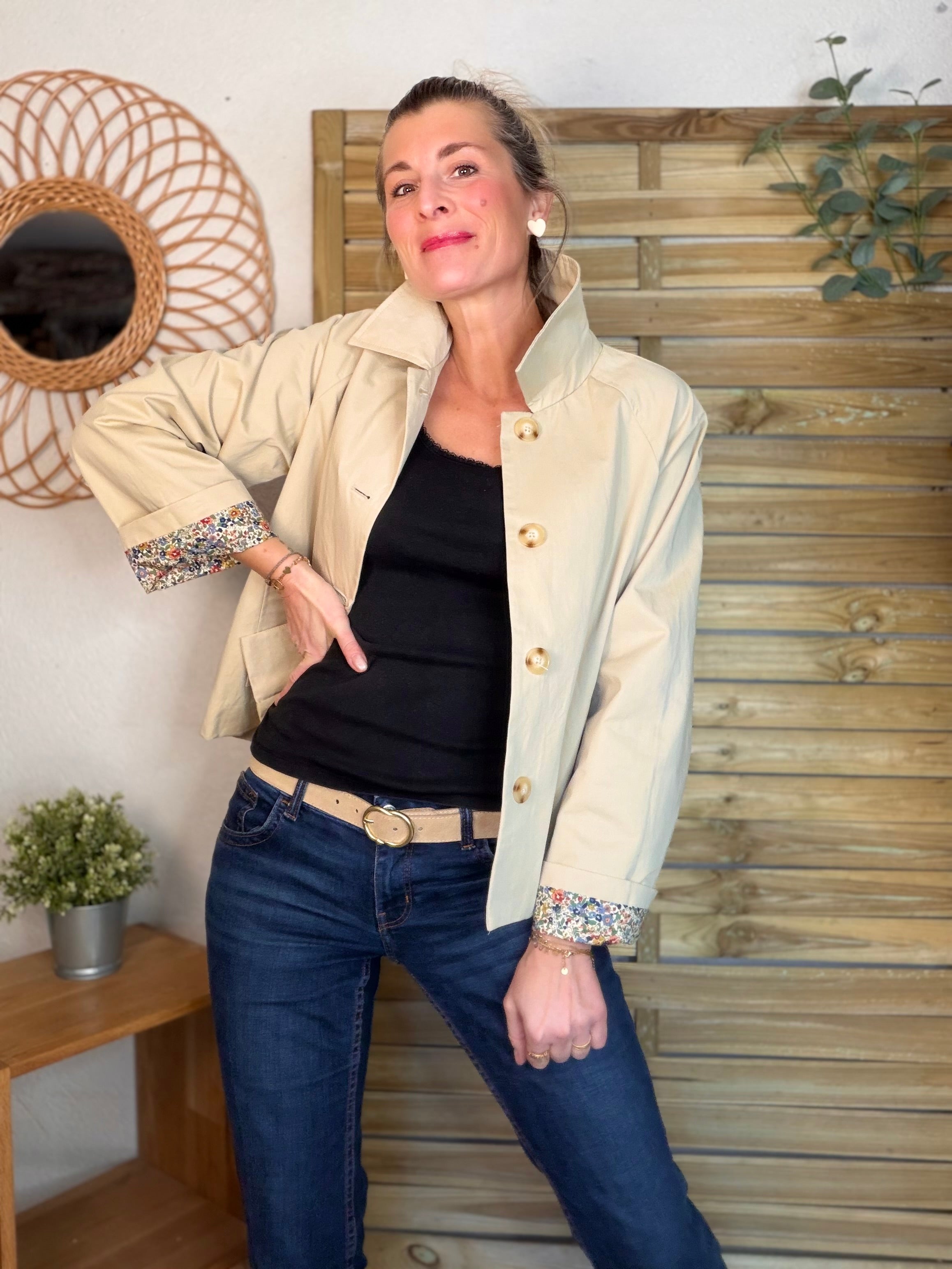 Veste Trench en coton beige avec Liberty - MARION (Taille 2 ans à la Taille L)