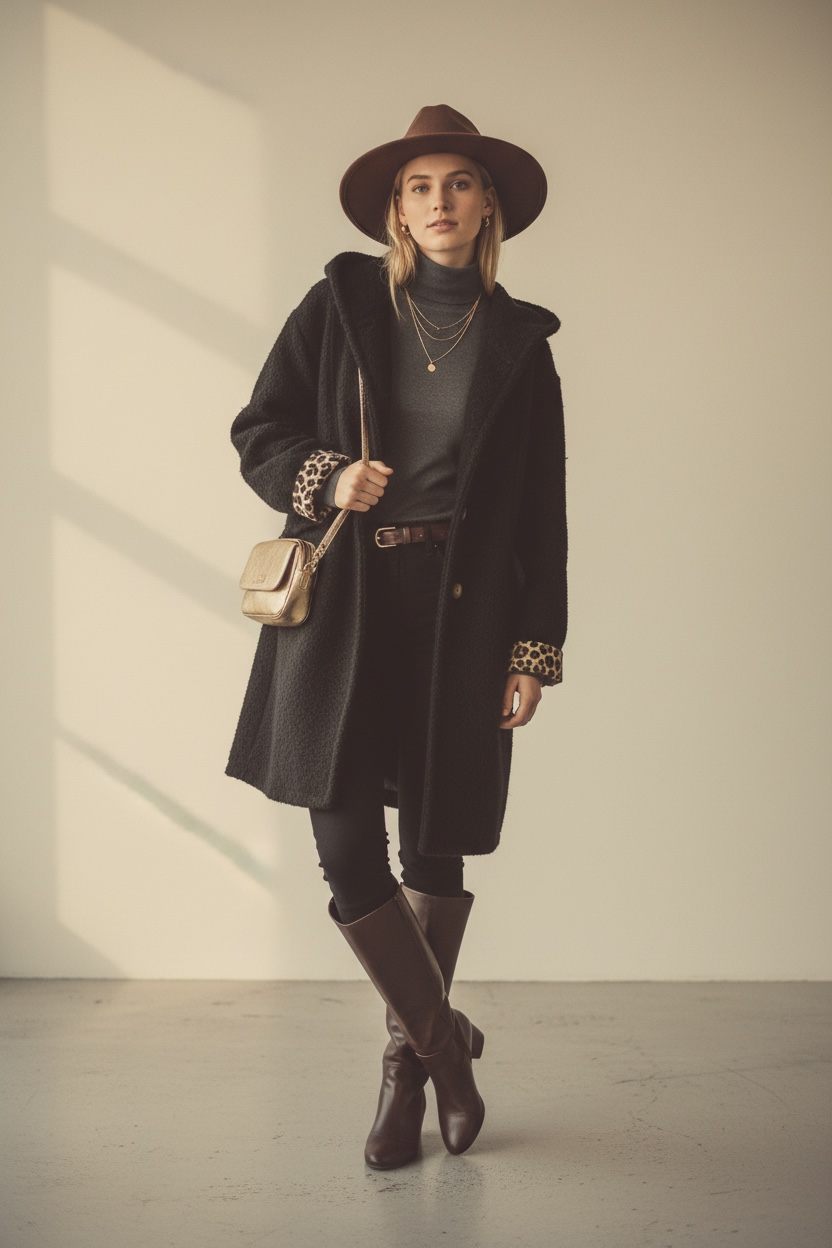 Manteau en laine EUGÉNIE avec détails Léo 🐆 - Noir