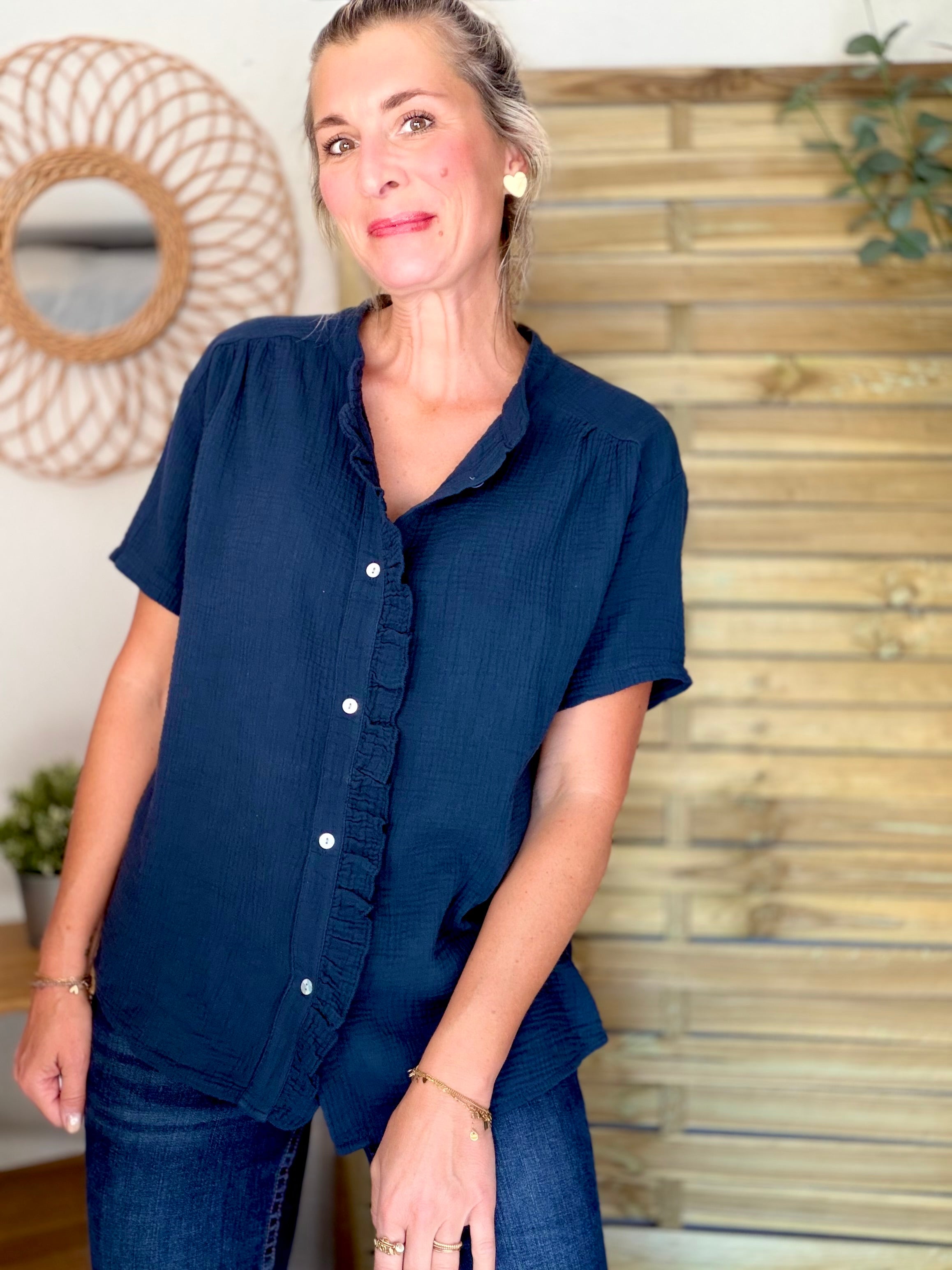 Blouse en gaze de coton ANAËLLE Bleu marine