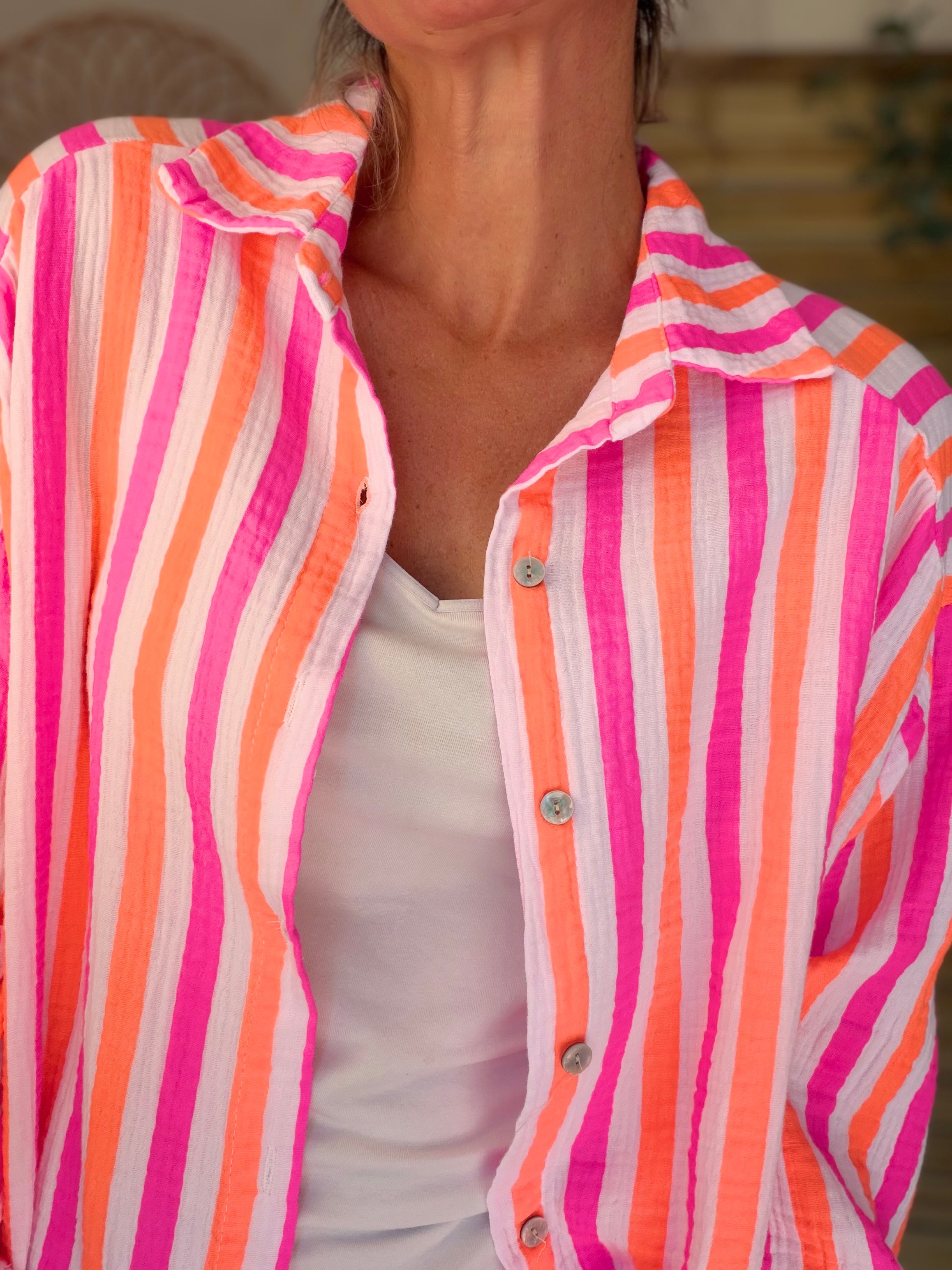 Chemise en gaze de coton rayée FÉLICIE Fluo Blanc