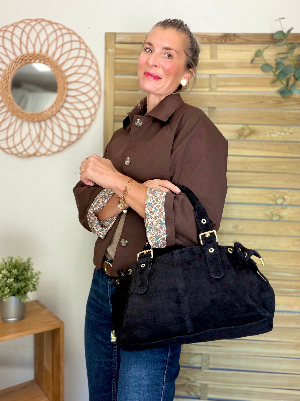 Sac à main en cuir daim GERY - Noir