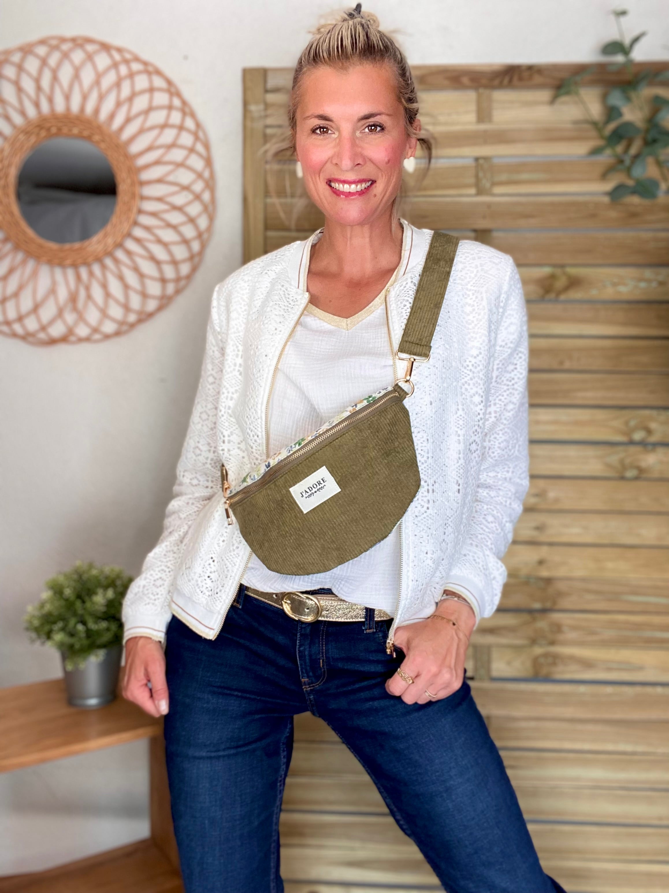 Sac banane «J’adore» Velours et Liberty - LESLIE - Kaki