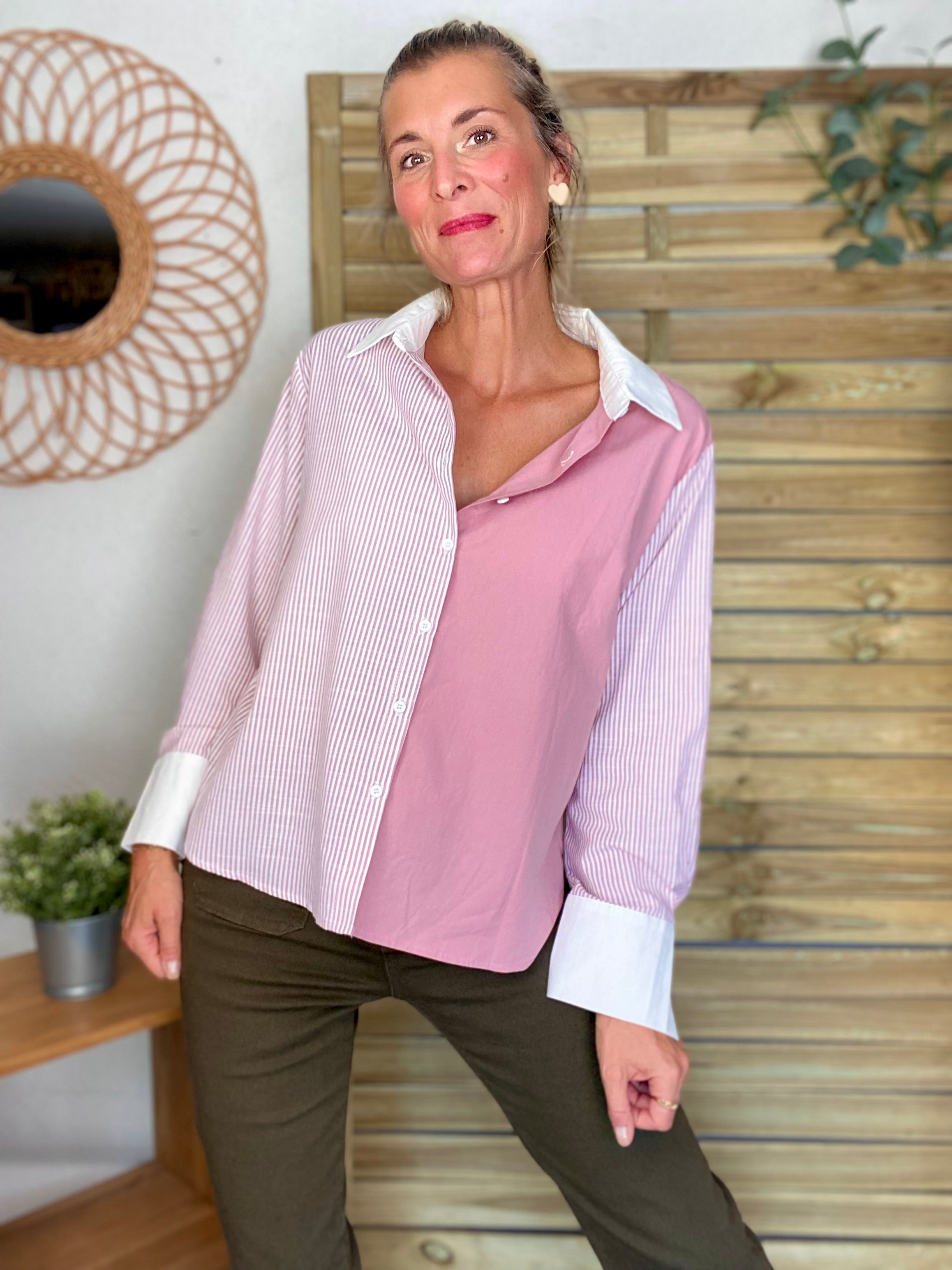 Chemise en coton rayée et uni JULIETTE - Rose
