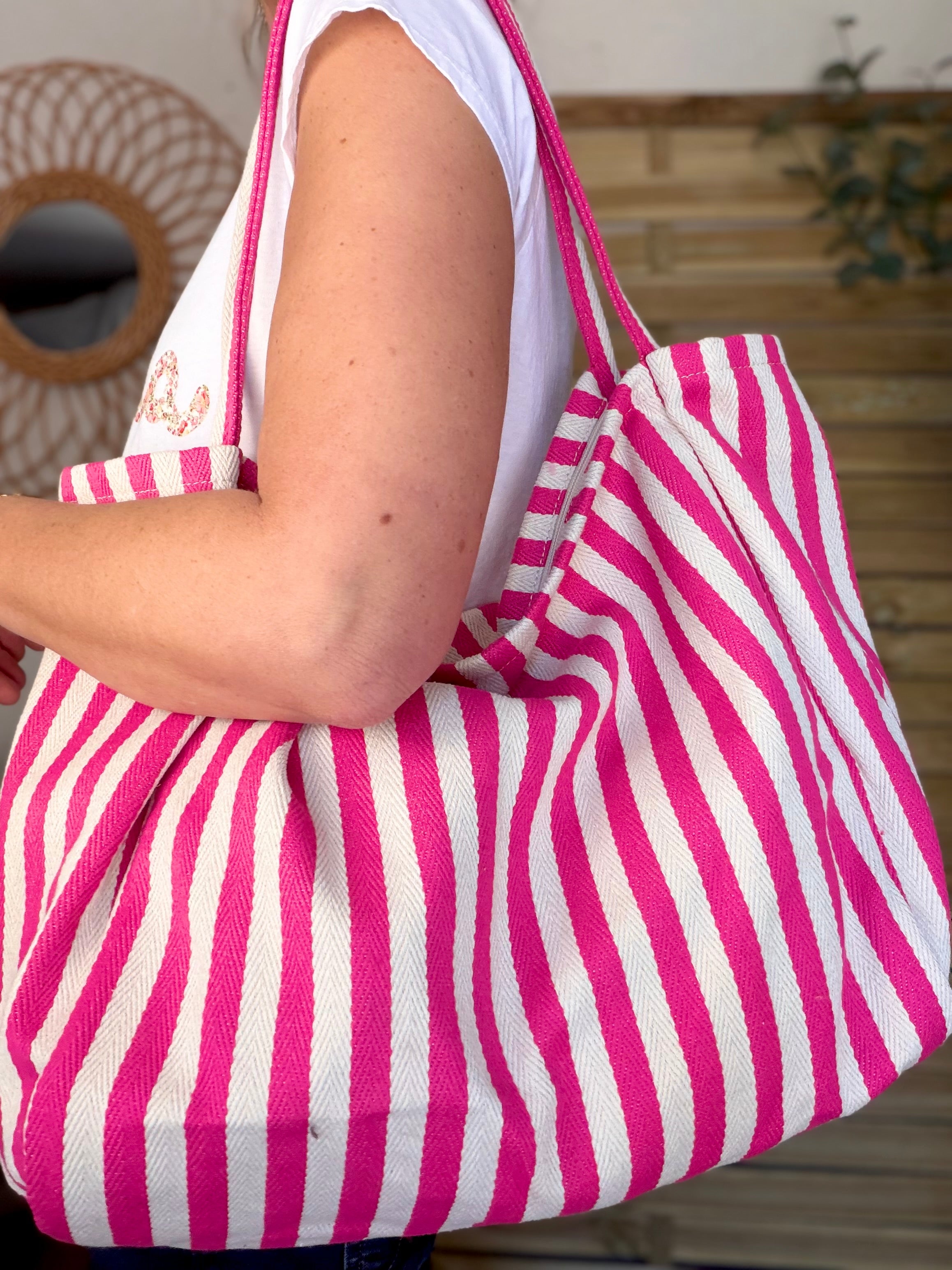 Sac cabas rayé avec fermeture zippée PAULA Fuschia