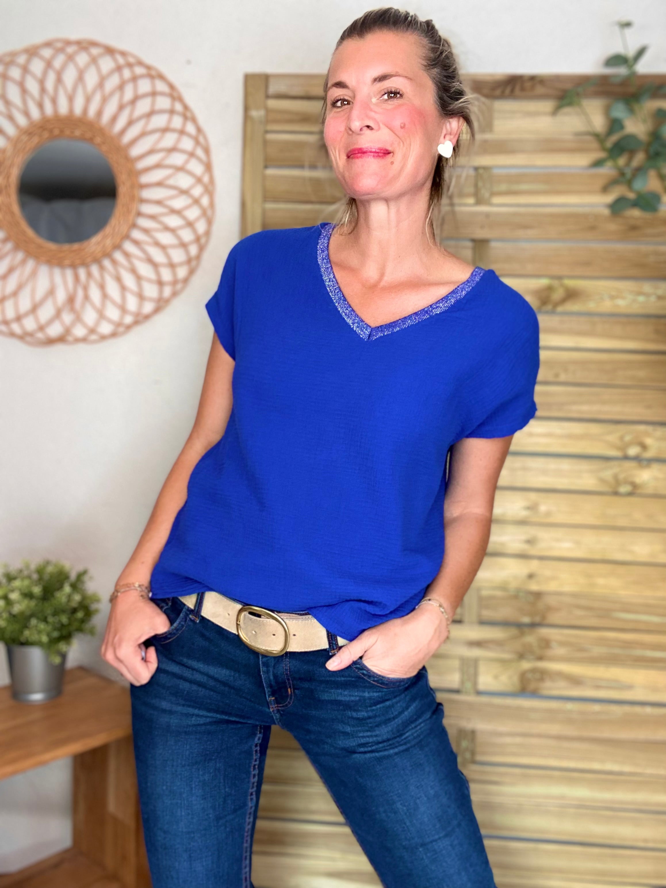 Précommande Expédition mi mai - Top en gaze de coton et lurex MARTA - Bleu roi