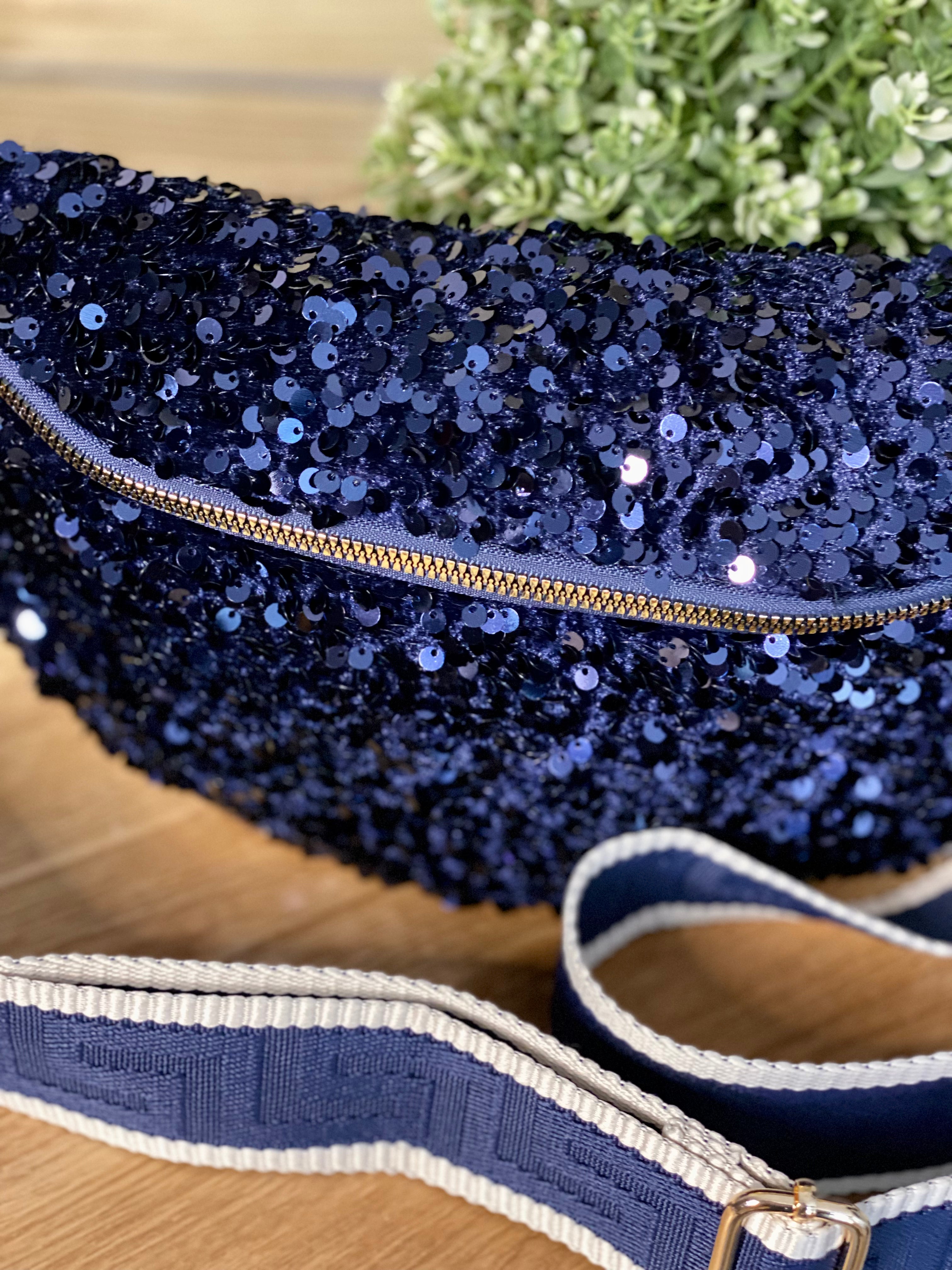 Sac banane L à sequins 30cm et sangle fantaisie - ROXY - Bleu marine