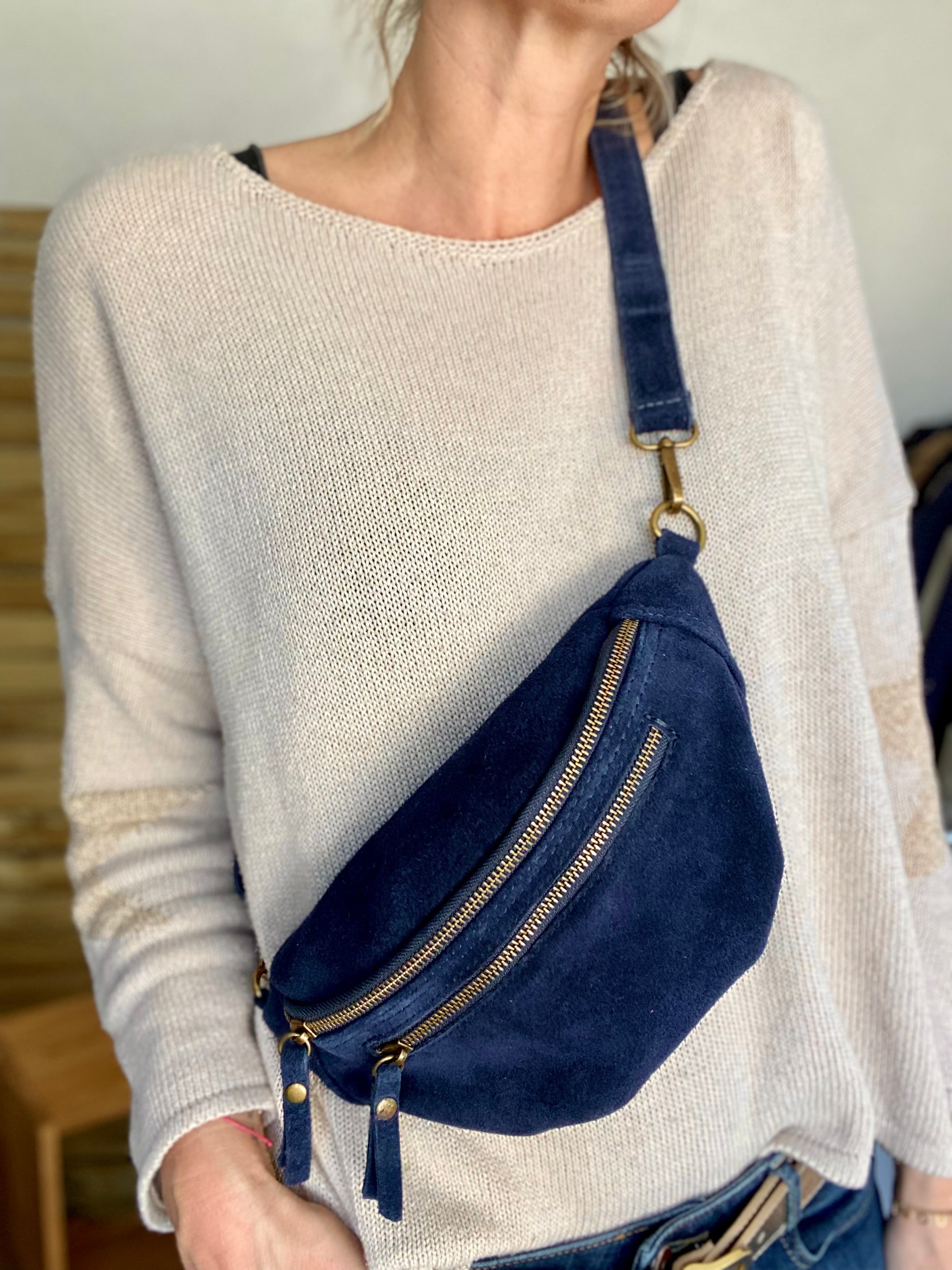 Sac banane double poche en cuir daim - OPALINE - Bleu marine