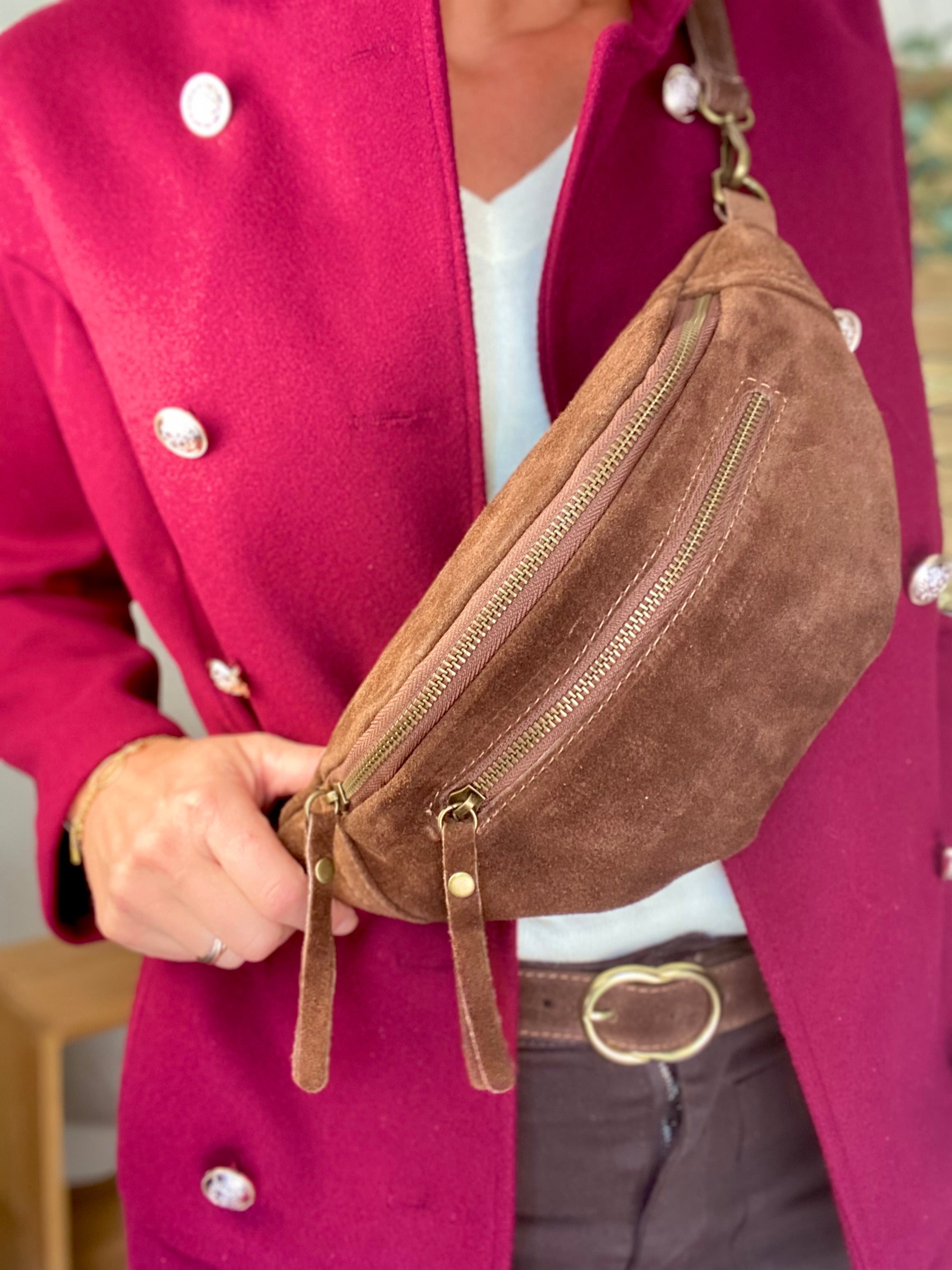 Sac banane double poche en cuir daim - OPALINE - Café